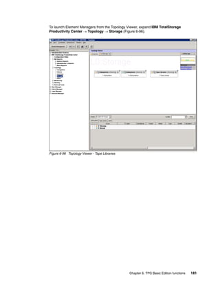 To launch Element Managers from the Topology Viewer, expand IBM TotalStorage
Productivity Center → Topology → Storage (Figure 6-96).




Figure 6-96 Topology Viewer - Tape Libraries




                                               Chapter 6. TPC Basic Edition functions   181
 