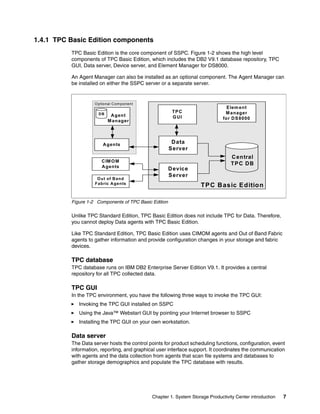 1.4.1 TPC Basic Edition components
          TPC Basic Edition is the core component of SSPC. Figure 1-2 shows the high level
          components of TPC Basic Edition, which includes the DB2 V9.1 database repository, TPC
          GUI, Data server, Device server, and Element Manager for DS8000.

          An Agent Manager can also be installed as an optional component. The Agent Manager can
          be installed on either the SSPC server or a separate server.


                    O ptional C om ponent
                                                                                E lem ent
                      DB
                                                        TP C                   M anager
                            A gent                      GUI                   for D S 8000
                           M anager




                        A gents                         D ata
                                                       S erver
                                                                                  C entral
                       C IM O M
                                                                                  TP C D B
                       A gents
                                                       D evice
                                                       S erver
                     O ut of B and
                    Fabric A gents
                                                                   TP C B asic E dition

          Figure 1-2 Components of TPC Basic Edition

          Unlike TPC Standard Edition, TPC Basic Edition does not include TPC for Data. Therefore,
          you cannot deploy Data agents with TPC Basic Edition.

          Like TPC Standard Edition, TPC Basic Edition uses CIMOM agents and Out of Band Fabric
          agents to gather information and provide configuration changes in your storage and fabric
          devices.

          TPC database
          TPC database runs on IBM DB2 Enterprise Server Edition V9.1. It provides a central
          repository for all TPC collected data.

          TPC GUI
          In the TPC environment, you have the following three ways to invoke the TPC GUI:
             Invoking the TPC GUI installed on SSPC
             Using the Java™ Webstart GUI by pointing your Internet browser to SSPC
             Installing the TPC GUI on your own workstation.

          Data server
          The Data server hosts the control points for product scheduling functions, configuration, event
          information, reporting, and graphical user interface support. It coordinates the communication
          with agents and the data collection from agents that scan file systems and databases to
          gather storage demographics and populate the TPC database with results.




                                             Chapter 1. System Storage Productivity Center introduction   7
 