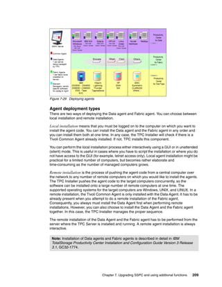 Figure 7-29 Deploying agents


Agent deployment types
There are two ways of deploying the Data agent and Fabric agent. You can choose between
local installation and remote installation.

Local installation means that you must be logged on to the computer on which you want to
install the agent code. You can install the Data agent and the Fabric agent in any order and
you can install them both at one time. In any case, the TPC Installer will check if there is a
Tivoli Common Agent already installed. If not, TPC installs this component.

You can perform the local installation process either interactively using a GUI or in unattended
(silent) mode. This is useful in cases where you have to script the installation or where you do
not have access to the GUI (for example, telnet access only). Local agent installation might be
practical for a limited number of computers, but becomes rather elaborate and
time-consuming as the number of managed computers grows.

Remote installation is the process of pushing the agent code from a central computer over
the network to any number of remote computers on which you would like to install the agents.
The TPC Installer pushes the agent code to the target computers concurrently, so the
software can be installed onto a large number of remote computers at one time. The
supported operating systems for the target computers are Windows, UNIX, and LINUX. In a
remote installation, the Tivoli Common Agent is only installed with the Data Agent. It has to be
already present when you attempt to do a remote installation of the Fabric agent.
Consequently, you always must install the Data Agent first when performing remote
installations. However, you can also choose to install the Data Agent and the Fabric agent
together. In this case, the TPC Installer manages the proper sequence.

The remote installation of the Data Agent and the Fabric agent has to be performed from the
server where the TPC Server is installed and running. A remote agent installation is always
interactive.

 Note: Installation of Data agents and Fabric agents is described in detail in IBM
 TotalStorage Productivity Center Installation and Configuration Guide Version 3 Release
 3.1, GC32-1774.




                                  Chapter 7. Upgrading SSPC and using additional functions   209
 