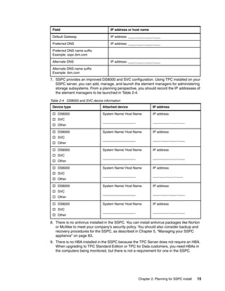 Field                               IP address or host name

 Default Gateway                     IP address: ____.____.____.____

 Preferred DNS                       IP address: ____.____.____.____

 Preferred DNS name suffix
 Example: sspc.ibm.com

 Alternate DNS                       IP address: ____.____.____.____

 Alternate DNS name suffix
 Example: ibm.com

7. SSPC provides an improved DS8000 and SVC configuration. Using TPC installed on your
   SSPC server, you can add, manage, and launch the element managers for administering
   storage subsystems. From a planning perspective, you should record the IP addresses of
   the element managers to be launched in Table 2-4.

Table 2-4 DS8000 and SVC device information
 Device type                    Attached device                 IP address

    DS8000                      System Name/ Host Name          IP address:
    SVC
                                __________________              ____.____.____.____
    Other

    DS8000                      System Name/ Host Name          IP address:
    SVC
                                __________________              ____.____.____.____
    Other

    DS8000                      System Name/ Host Name          IP address:
    SVC
                                __________________              ____.____.____.____
    Other

    DS8000                      System Name/ Host Name          IP address:
    SVC
                                __________________              ___.____.____.____
    Other

    DS8000                      System Name/ Host Name          IP address:
    SVC
                                __________________              ____.____.____.____
    Other

    DS8000                      System Name/ Host Name          IP address:
    SVC
                                __________________              ____.____.____.____
    Other

8. There is no antivirus installed in the SSPC. You can install antivirus packages like Norton
   or McAfee to meet your company’s security policy. You should also consider backup and
   recovery procedures for the SSPC, as described in Chapter 5, “Managing your SSPC
   appliance” on page 83.
9. There is no HBA installed in the SSPC because the TPC Server does not require an HBA.
   When upgrading to TPC Standard Edition or TPC for Data customers, you need HBAs in
   the computers being monitored, but there is not a requirement for one in the SSPC.




                                                       Chapter 2. Planning for SSPC install   15
 