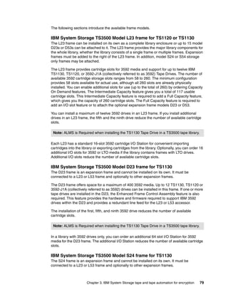 The following sections introduce the available frame models.

IBM System Storage TS3500 Model L23 frame for TS1120 or TS1130
The L23 frame can be installed on its own as a complete library enclosure or up to 15 model
D23s or D53s can be attached to it. The L23 frame provides the major library components for
the whole library, whether the library consists of a single frame or multiple frames. Expansion
frames must be added to the right of the L23 frame. In addition, model S24 or S54 storage
only frames may be attached.

The L23 frame provides cartridge slots for 3592 media and support for up to twelve IBM
TS1130, TS1120, or 3592-J1A (collectively referred to as 3592) Tape Drives. The number of
available 3592 cartridge storage slots ranges from 58 to 260. The minimum configuration
provides 58 slots available for actual use, although all 260 slots are already physically
installed. You can enable additional slots for use (up to the total of 260) by ordering Capacity
On Demand features. The Intermediate Capacity feature gives you a total of 117 usable
cartridge slots. This Intermediate Capacity feature is required to add a Full Capacity feature,
which gives you the capacity of 260 cartridge slots. The Full Capacity feature is required to
add an I/O slot feature or to attach the optional expansion frame models D23 or D53.

You can install a maximum of twelve 3592 drives in an L23 frame. If you install additional
drives in an L23 frame, the fifth and the ninth drive reduce the number of available cartridge
slots.

 Note: ALMS is Required when installing the TS1130 Tape Drive in a TS3500 tape library.

Each L23 has a standard 16-slot 3592 cartridge I/O Station for convenient importing
cartridges into the library or exporting cartridges from the library. Optionally, you can order 16
additional I/O slots for 3592 or LTO media if the library contains frames with LTO drives.
Additional I/O slots reduce the number of available cartridge slots.

IBM System Storage TS3500 Model D23 frame for TS1130
The D23 frame is an expansion frame and cannot be installed on its own. It must be
connected to a L23 or L53 frame and optionally to other expansion frames.

The D23 frame offers space for a maximum of 400 3592 media. Up to 12 TS1130, TS1120 or
3592-J1A (collectively referred to as 3592) drives can be installed in this frame. If one or more
tape drives are installed in the D23, the Enhanced Frame Control Assembly feature is also
required. This feature provides the hardware and firmware required to support IBM 3592
drives within the D23 and provides a redundant line feed for the L23 or L53 accessor.

The installation of the first, fifth, and ninth 3592 drive reduces the number of available
cartridge slots.

 Note: ALMS is Required when installing the TS1130 Tape Drive in a TS3500 tape library.

In a library with 3592 drives only, you can order an additional 64 slot I/O Station for 3592
media for the D23 frame. The additional I/O Station reduces the number of available cartridge
slots.

IBM System Storage TS3500 Model S24 frame for TS1130
The S24 frame is an expansion frame and cannot be installed on its own. It must be
connected to a L23 or L53 frame and optionally to other expansion frames.



                       Chapter 3. IBM System Storage tape and tape automation for encryption   79
 