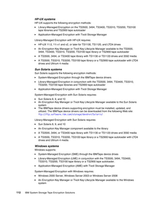 HP-UX systems
              HP-UX supports the following encryption methods:
                 Library-Managed Encryption on the TS3500, 3494, TS3400, TS3310, TS3200, TS3100
                 tape libraries and TS2900 tape autoloader
                 Application-Managed Encryption with Tivoli Storage Manager

              Library-Managed Encryption with HP-UX requires:
                 HP-UX 11.0, 11i v1 and v2, or later for TS1130, TS1120, and LTO4 drives
                 An Encryption Key Manager or Tivoli Key Lifecycle Manager available to the TS3500,
                 3494, TS3400, TS3310, TS3200, TS3100 tape library or TS2900 tape autoloader
                 A TS3500, 3494, or TS3400 tape library with TS1130 or TS1120 drives and 3592 media
                 A TS3500, TS3310, TS3200, TS3100 tape library or a TS2900 tape autoloader with LTO4
                 drives and Ultrium 4 media

              Sun Solaris systems
              Sun Solaris supports the following encryption methods:
                 System-Managed Encryption through the IBMTape device drivers
                 Library-Managed Encryption in conjunction with the TS3500, 3494, TS3400, TS3310,
                 TS3200, TS3100 tape libraries and TS2900 tape autoloader
                 Application-Managed Encryption with Tivoli Storage Manager

              System-Managed Encryption with Sun Solaris requires:
                 Sun Solaris 8, 9, and 10
                 An Encryption Key Manager or Tivoli Key Lifecycle Manager available to the Sun Solaris
                 system
                 The IBMTape device drivers supporting encryption must be installed, updated, and
                 utilized. The IBMTape device drivers can be downloaded from the following Web site:
                 ftp://ftp.software.ibm.com/storage/devdrvr/Solaris/

              Library-Managed Encryption with Sun Solaris requires:
                 Sun Solaris 8, 9, and 10
                 An Encryption Key Manager component available to the library
                 A TS3500, 3494, or TS3400 tape library with TS1130 or TS1120 drives and 3592 media
                 A TS3500, TS3310, TS3200, TS3100 tape library or a TS2900 tape autoloader with LTO4
                 drives and Ultrium 4 media

              Windows systems
              Windows supports:
                 System-Managed Encryption (SME) through the IBMTape device drives
                 Library-Managed Encryption (LME) in conjunction with the TS3500, 3494, TS3400,
                 TS3310, TS3200, TS3100 tape library or a TS2900 tape autoloader.
                 Application-Managed Encryption (AME) with Tivoli Storage Manager

              System-Managed Encryption with Windows requires:
                 Windows 2000 Server, Windows Server 2003 or Windows Server 2008
                 An Encryption Key Manager or Tivoli Key Lifecycle Manager available to the Windows
                 system


112   IBM System Storage Tape Encryption Solutions
 