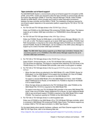 Tape controller out-of-band support
For ESCON/FICON System z environments using out-of-band support for encryption (z/VM,
z/VSE, and z/TPF), routers are required to allow the tape controller to communicate with the
Encryption Key Managers (EKM) or Tivoli Key Lifecycle Manager (TKLM). Order FC5593
(Router for EKM Attach), which provides dual routers to allow redundant connections
between the tape controller and the EKM or TKLM. The installation of features required for
out-of-band support depends on the automation platform supporting the TS1120 or TS1130
tape drives:
   For TS1120 and TS1130 tape drives in the TS3500 Tape Library:
   Order one FC5593 on the 3953 Model F05 containing FC5505, Base Frame. This feature
   supports up to sixteen 3592 tape controllers in a TS3500/3953 Library Manager tape
   system.
   For TS1120 and TS1130 tape drives in the 3494 Tape Library:
   Order one FC5593, Router for EKM attach, on the 3494 Library Manager (Model L10, L12,
   L14, L22, or L24). This feature supports up to seven 3592 tape controllers. FC5246, Dual
   Path Concentrator, is required on the Library Manager before FC5593 can be installed. A
   second FC5593, Router for EKM Attach, can be installed on the 3494 Library Manager to
   support up to a total of fourteen 3592 tape controllers.

    Note: The IBM 3494 Tape Library supports up to fifteen tape controllers. However, the
    maximum quantity of two FC5593s in the 3494 Library Manager supports only up to
    fourteen 3592 tape controllers.

   For TS1120 or TS1130 tape drives in the TS3400 Tape Library:
   Order FC5247, Enhanced Router, on the TS1120 Model C06 controller to which the
   TS1120 drives are attached. This feature is required when attaching TS1120 drives in the
   TS3400 library to a TS1120 Model C06 controller, even when no encryption is needed.
   For TS1120 or TS1130 tape drives in the Storagetek 9310 Powerhorn Automated Tape
   Library:
   – When the tape drives are attached to the 3952 Model J70, order FC5593, Router for
     EKM attach, on the 3590 Model C10 to support the first Model J70. One of FC4860,
     FC4862, FC9861, or FC9862 is required on the 3590 Model C10.
      To support a second 3592 Model J70 in the 3590 Model C10 frame, order FC5594,
      Attach Additional CU to Router, on the Model C10. FC5593 is required on the Model
      C10 to install FC5594.
   – When the tape drives are attached to the TS1120 Model C06, order FC5593 on the
     3952 Model F05. FC7315 is required on the 3952 Model F05.
      To support more than one TS1120 Model C06 controller in the same 3952 Model F05
      frame, order one of FC5594, Attach Additional CU to Router, for each additional Model
      C06 to use out-of-band support. FC5593 is required on the 3952 Model F05 to install
      FC5594. The maximum quantity for FC5594 on the 3952 Model F05 is two.
   For TS1120 or TS1130 tape drives in a client-supplied rack:
   Order one of FC5593 on the 3592 Model J70 or TS1120 Model C06 tape controller, which
   is contained in 3953 Model F05 containing FC5505, Base Frame. This feature supports up
   to sixteen 3592 or TS1120 tape controllers in a 3953 Tape System.

For the latest details about specific hardware, software, and Fibre Channel support for the
IBM TS1120 Tape Drive, refer to the following Web site:
http://www-03.ibm.com/systems/storage/tape/pdf/compatibility/ts1120_interop.pdf


                                            Chapter 4. Planning for software and hardware   117
 
