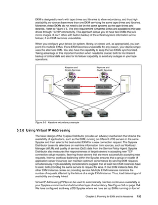 EKM is designed to work with tape drives and libraries to allow redundancy, and thus high
           availability, so you can have more than one EKM servicing the same tape drives and libraries.
           Moreover, these EKMs do not need to be on the same systems as the tape drives and
           libraries. Refer to Figure 5-5. The only requirement is that the EKMs are available to the tape
           drives through TCP/IP connectivity. This approach allows you to have two EKMs that are
           mirror images of each other with built-in backup of the critical keystore information and a
           failover, if an EKM becomes unavailable.

           When you configure your device (or system, library, or control unit, as appropriate), you can
           point it to multiple EKMs. If one EKM becomes unavailable for any reason, your device simply
           uses the alternate EKM. You also have the capability to keep the two EKMs synchronized.
           Taking advantage of this important function when needed is crucial, both for its inherent
           backup of critical data and also for its failover capability to avoid any outages in your tape
           operations.


                                     Keystore and                 Keystore and
                                     Crypto Services              Crypto Services



                   EKM                                                                   EKM


                                       Drive Table                 Drive Table

                                      Configuration               Configuration




           Figure 5-5 Keystore redundancy example


5.3.6 Using Virtual IP Addressing
           The basic design of the Sysplex Distributor provides an advisory mechanism that checks the
           availability of applications, such as the EKM, running on different z/OS servers in the same
           Sysplex and then selects the best-suited EKM for a new connection request. The Sysplex
           Distributor bases its selections on real-time information from sources, such as Workload
           Manager (WLM) and quality of service (QoS) data from the Service Policy Agent. Sysplex
           Distributor also measures the responsiveness of target servers in accepting new TCP
           connection setup requests, favoring those servers that are more successfully accepting new
           requests. Internal workload balancing within the Sysplex ensures that a group or cluster of
           application server instances can maintain optimum performance by serving EKM requests
           simultaneously. High availability considerations suggest that at least two EKM instances have
           to exist, both providing the same service to request for keys. If one EKM instance fails, the
           other EKM instance carries on providing service. Multiple EKM instances minimize the
           number of requests affected by the failure of a single EKM instance. Thus, load balancing and
           availability are closely linked.

           Virtual IP Addressing (VIPA) can be used to automatically maintain continuous availability in
           your Sysplex environment and add another layer of redundancy. See Figure 5-6 on page 154.
           We have configured an 8-way z/OS Sysplex where we have set up EKMs running on four of


                                                        Chapter 5. Planning for EKM and its keystores   153
 