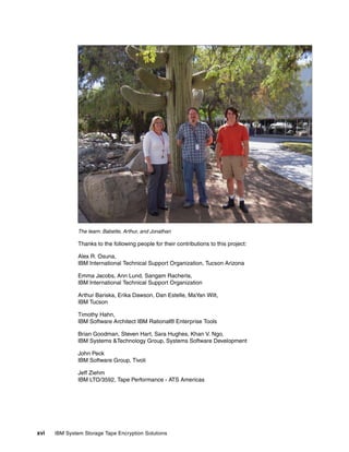 The team: Babette, Arthur, and Jonathan

               Thanks to the following people for their contributions to this project:

               Alex R. Osuna,
               IBM International Technical Support Organization, Tucson Arizona

               Emma Jacobs, Ann Lund, Sangam Racherla,
               IBM International Technical Support Organization

               Arthur Bariska, Erika Dawson, Dan Estelle, MaYan Wilt,
               IBM Tucson

               Timothy Hahn,
               IBM Software Architect IBM Rational® Enterprise Tools

               Brian Goodman, Steven Hart, Sara Hughes, Khan V. Ngo,
               IBM Systems &Technology Group, Systems Software Development

               John Peck
               IBM Software Group, Tivoli

               Jeff Ziehm
               IBM LTO/3592, Tape Performance - ATS Americas




xvi   IBM System Storage Tape Encryption Solutions
 