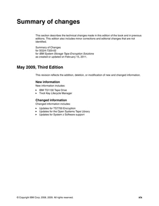 Summary of changes

                 This section describes the technical changes made in this edition of the book and in previous
                 editions. This edition also includes minor corrections and editorial changes that are not
                 identified.

                 Summary of Changes
                 for SG24-7320-02
                 for IBM System Storage Tape Encryption Solutions
                 as created or updated on February 15, 2011.



May 2009, Third Edition
                 This revision reflects the addition, deletion, or modification of new and changed information.

                 New information
                 New information includes:
                     IBM TS1130 Tape Drive
                     Tivoli Key Lifecycle Manager

                 Changed information
                 Changed information includes:
                     Updates for TS7700 Encryption
                     Updates for the Open Systems Tape Library
                     Updates for System z Software support




© Copyright IBM Corp. 2008, 2009. All rights reserved.                                                       xix
 
