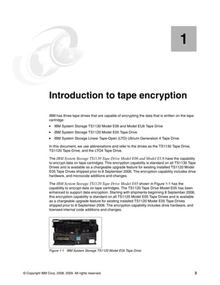 1


    Chapter 1.   Introduction to tape encryption
                 IBM has three tape drives that are capable of encrypting the data that is written on the tape
                 cartridge:
                     IBM System Storage TS1130 Model E06 and Model EU6 Tape Drive
                     IBM System Storage TS1120 Model E05 Tape Drive
                     IBM System Storage Linear Tape-Open (LTO) Ultrium Generation 4 Tape Drive

                 In this document, we use abbreviations and refer to the drives as the TS1130 Tape Drive,
                 TS1120 Tape Drive, and the LTO4 Tape Drive.

                 The IBM System Storage TS1130 Tape Drive Model E06 and Model EU6 have the capability
                 to encrypt data on tape cartridges. This encryption capability is standard on all TS1130 Tape
                 Drives and is available as a chargeable upgrade feature for existing installed TS1120 Model
                 E05 Tape Drives shipped prior to 8 September 2006. The encryption capability includes drive
                 hardware, and microcode additions and changes.

                 The IBM System Storage TS1120 Tape Drive Model E05 shown in Figure 1-1 has the
                 capability to encrypt data on tape cartridges. The TS1120 Tape Drive Model E05 has been
                 enhanced to support data encryption. Starting with shipments beginning 8 September 2006,
                 this encryption capability is standard on all TS1120 Model E05 Tape Drives and is available
                 as a chargeable upgrade feature for existing installed TS1120 Model E05 Tape Drives
                 shipped prior to 8 September 2006. The encryption capability includes drive hardware, and
                 licensed internal code additions and changes.




                 Figure 1-1 IBM System Storage TS1120 Model E05 Tape Drive




© Copyright IBM Corp. 2008, 2009. All rights reserved.                                                           3
 