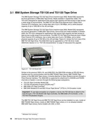 3.1 IBM System Storage TS1130 and TS1120 Tape Drive
              The IBM System Storage TS1130 Tape Drive (machine type 3592, Model E06) represents
              the third generation of IBM 3592 Tape Drives. Made available in September 2008. The
              TS1130 is designed for applications that require high capacity and fast access to data across
              a wide range of environments. The IBM TS1130 Tape Drive features dual 4 Gbps Fibre
              Channel (FC) interfaces, has a native data rate of up to 160 MBps, and a native physical
              capacity of up to 1000 GB on the JB cartridge.

              The IBM System Storage TS1120 Tape Drive (machine type 3592, Model E05) represents
              the second generation of IBM 3592 Tape Drives. Announced and made available in October
              2005, the TS1120 is designed for applications that require high capacity and fast access to
              data across a wide range of environments. The IBM TS1120 Tape Drive features dual 4 Gbps
              Fibre Channel (FC) interfaces, has a native data rate of up to 100 MBps, and a native
              physical capacity of up to 700 GB on the JB cartridge. Figure 3-1 shows the front view of the
              IBM TS1120 Tape Drive. The 3592-E05 may be upgraded to a TS1130 drive model
              3592-EU6. Section 3.1.2, “TS1120 characteristics” on page 47 discusses this upgrade.




              Figure 3-1 TS1130 Model E05

              Similar to the previous 3592-J1A, and 3592-E05, the 3592-E06 includes an RS-422 library
              interface port for communication with the IBM TS3400 Tape Library, IBM TS3500 Tape
              Library, or the IBM 3494 Tape Library. It directly attaches to Open Systems servers through a
              Fibre Channel interface. The 3592-E05 is supported for attachment to ESCON and FICON
              channels on System z servers through the following tape subsystems:
                   TS1120 Tape Controller Model C06
                   TS7700 Virtualization Engine (FICON only)11
                   IBM 3592-J70 Tape Controller1
                   IBM 3494 Models B10 and B20 Virtual Tape Server1 (VTS) in J1A Emulation mode

                  Important: To use tape encryption on a System z server, the TS1120 has to attach to the
                  host through a TS1120 Model C06 Tape Controller, the IBM 3592-J70 Controller, or the
                  TS7700 Virtualization Engine.

              The IBM TS1130 Tape Drive and IBM TS1120 Tape Drive can be installed in a rack, inside an
              IBM TS3400 Tape Library, inside an IBM TS3500 Tape Library, or in an already-installed
              IBM 3494 Tape Library, frame models L22, D22, or D24.




              1   Withdrawn from marketing


46   IBM System Storage Tape Encryption Solutions
 