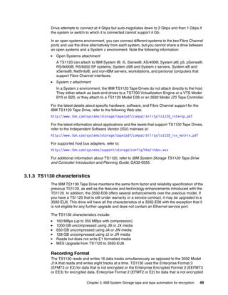 Drive attempts to connect at 4 Gbps but auto-negotiates down to 2 Gbps and then 1 Gbps if
           the system or switch to which it is connected cannot support 4 Gb.

           In an open systems environment, you can connect different systems to the two Fibre Channel
           ports and use the drive alternatively from each system, but you cannot share a drive between
           an open systems and a System z environment. Note the following information:
              Open Systems attachment
              A TS1120 can attach to IBM System i®, i5, iSeries®, AS/400®, System p®, p5, pSeries®,
              RS/6000®, RS/6000 SP systems, System z9® and System z servers, System x® and
              xSeries®, Netfinity®, and non-IBM servers, workstations, and personal computers that
              support Fibre Channel interfaces.
              System z attachment
              In a System z environment, the IBM TS1120 Tape Drives do not attach directly to the host.
              They either attach as back-end drives to a TS7700 Virtualization Engine or a VTS Model
              B10 or B20, or they attach to a TS1120 Model C06 or an 3592 Model J70 Tape Controller.

           For the latest details about specific hardware, software, and Fibre Channel support for the
           IBM TS1120 Tape Drive, refer to the following Web site:
           http://www.ibm.com/systems/storage/tape/pdf/compatibility/ts1120_interop.pdf

           For the latest information about applications and the levels that support TS1120 Tape Drives,
           refer to the Independent Software Vendor (ISV) matrixes at:
           http://www.ibm.com/systems/storage/tape/pdf/compatibility/ts1120_isv_matrix.pdf

           For supported host bus adapters, refer to:
           http://www.ibm.com/systems/support/storage/config/hba/index.wss

           For additional information about TS1120, refer to IBM System Storage TS1120 Tape Drive
           and Controller Introduction and Planning Guide, GA32-0555.


3.1.3 TS1130 characteristics
           The IBM TS1130 Tape Drive maintains the same form factor and reliability specification of the
           previous TS1120, as well as the features and technology enhancements introduced with the
           TS1120. In addition, the 3592-E06 offers several enhancements over the previous model. If
           you have a TS1120 that is still under warranty or a service contract, it may be upgraded to a
           3592-EU6. This drive will have all the characteristics of a 3592-E06 with the exception that it
           is not eligible for any further upgrade and does not contain an Ethernet service port.

           The TS1130 characteristics include:
              160 MBps (up to 350 MBps with compression)
              1000 GB uncompressed using JB or JX media
              650 GB uncompressed using JA or JW media
              128 GB uncompressed using JJ or JR media
              Reads but does not write E1 formatted media
              MES Upgrade from TS1120 to 3592-EU6

           Recording Format
           The TS1130 reads and writes 16 data tracks simultaneously as opposed to the 3592 Model
           J1A that reads and writes eight tracks at a time. TS1130 uses the Enterprise Format 3
           (EFMT3 or E3) for data that is not encrypted or the Enterprise Encrypted Format 3 (EEFMT3
           or EE3) for encrypted data, Enterprise Format 2 (EFMT2 or E2) for data that is not encrypted

                                 Chapter 3. IBM System Storage tape and tape automation for encryption   49
 
