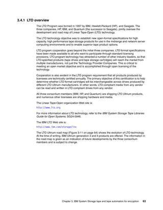 3.4.1 LTO overview
          The LTO Program was formed in 1997 by IBM, Hewlett-Packard (HP), and Seagate. The
          three companies, HP, IBM, and Quantum (the successor to Seagate), jointly oversee the
          development and road map of Linear Tape-Open (LTO) technology.

          The LTO technology objective was to establish new open-format specifications for high
          capacity, high performance tape storage products for use in the midrange and network server
          computing environments and to enable superior tape product options.

          LTO program cooperation goes beyond the initial three companies. LTO format specifications
          have been made available to all who want to participate through standard licensing
          provisions. LTO program technology has attracted a number of other industry leaders, so that
          LTO-specified products (tape drives and tape storage cartridges) will reach the market from
          multiple manufacturers, not just the Technology Provider Companies. This is critical to
          meeting an open market objective and is accomplished through open licensing of the
          technology.

          Cooperation is also evident in the LTO program requirement that all products produced by
          licensees are technically certified annually. The primary objective of this certification is to help
          determine whether LTO format cartridges will be interchangeable across drives produced by
          different LTO Ultrium manufacturers. In other words, LTO compliant media from any vendor
          can be read and written in LTO compliant drives from any vendor.

          All three consortium members (IBM, HP, and Quantum) are shipping LTO Ultrium products,
          and numerous other licensees are shipping hardware and media.

          The Linear Tape-Open organization Web site is:
          http://www.lto.org

          For more information about LTO technology, refer to the IBM System Storage Tape Libraries
          Guide for Open Systems, SG24-5946.

          The IBM LTO Web site is:
          http://www.ibm.com/storage/lto

          The LTO Ultrium road map (Figure 3-11 on page 64) shows the evolution of LTO technology.
          At the time of writing, IBM Ultrium generation 3 and 4 products are offered. The information in
          the road map is given as an indication of future developments by the three consortium
          members and is subject to change.




                                 Chapter 3. IBM System Storage tape and tape automation for encryption     63
 