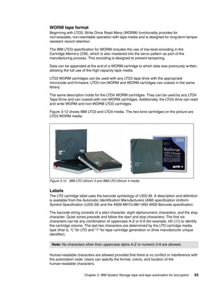 WORM tape format
Beginning with LTO3, Write Once Read Many (WORM) functionality provides for
non-erasable, non-rewritable operation with tape media and is designed for long-term tamper
resistant record retention.

The IBM LTO3 specification for WORM includes the use of low-level encoding in the
Cartridge Memory (CM), which is also mastered into the servo pattern as part of the
manufacturing process. This encoding is designed to prevent tampering.

Data can be appended at the end of a WORM cartridge to which data was previously written,
allowing the full use of the high capacity tape media.

LTO3 WORM cartridges can be used with any LTO3 tape drive with the appropriate
microcode and firmware. LTO3 non-WORM and WORM cartridges can coexist in the same
library.

The same description holds for the LTO4 WORM cartridges. They can be used by any LTO4
Tape Drive and can coexist with non-WORM cartridges. Additionally, the LTO4 drive can read
and write WORM and non-WORM LTO3 cartridges.

Figure 3-12 shows IBM LTO3 and LTO4 media. The two-tone cartridges on the picture are
LTO3 WORM media.




Figure 3-12 IBM LTO Ultrium 3 and IBM LTO Ultrium 4 media


Labels
The LTO cartridge label uses the barcode symbology of USS-39. A description and definition
is available from the Automatic Identification Manufacturers (AIM) specification Uniform
Symbol Specification (USS-39) and the ANSI MH10.8M-1993 ANSI Barcode specification.

The barcode string consists of a start character, eight alphanumeric characters, and the stop
character. Quiet zones precede and follow the start and stop characters. The first six
characters can be any combination of uppercase A-Z or 0-9 (for example, ABC123) to identify
the cartridge volume. The last two characters are determined by the LTO cartridge media
type (that is, “L” for LTO and “1” for tape cartridge generation or drive manufacturer unique
identifier).

 Note: No characters other than uppercase alpha A-Z or numeric 0-9 are allowed.

Human-readable characters are allowed provided that there is no conflict or interference with
the automation code. Users can specify the format, colors, and location of the
human-readable characters.


                      Chapter 3. IBM System Storage tape and tape automation for encryption   65
 