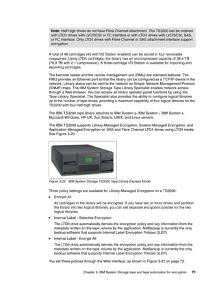 Note: Half High drives do not have Fibre Channel attachment. The TS3200 can be ordered
 with LTO3 drives with LVD/SCSI or FC interface or with LTO4 drives with LVD/SCSI, SAS,
 or FC interface. Only LTO4 drives with Fibre Channel or SAS attachment interface support
 encryption.

A total of 48 cartridges (45 with I/O Station enabled) can be stored in four removable
magazines. Using LTO4 cartridges, the library has an uncompressed capacity of 38.4 TB
(76.8 TB with 2:1 compression). A three-cartridge I/O Station is available for importing and
exporting cartridges.

The barcode reader and the remote management unit (RMU) are standard features. The
RMU provides an Ethernet port so that the library can be configured as a TCP/IP device in the
network. Library status can be sent to the network as Simple Network Management Protocol
(SNMP) traps. The IBM System Storage Tape Library Specialist enables network access
through a Web browser. You can access all library operator panel functions by using the
Tape Library Specialist. The Specialist also provides the ability to configure logical libraries
up to the number of tape drives, providing a maximum capability of four logical libraries for the
TS3200 with four half-high drives.

The IBM TS3200 tape library attaches to IBM System p, IBM System i, IBM System x,
Microsoft Windows, HP-UX, Sun Solaris, UNIX, and Linux servers.

The IBM TS3200 supports Library-Managed Encryption, System-Managed Encryption, and
Application-Managed Encryption on SAS and Fibre Channel LTO4 drives using LTO4 media.
See Figure 3-20.




Figure 3-20 IBM System Storage TS3200 Tape Library Express Model

Three policy settings are available for Library-Managed Encryption on a TS3200:
   Encrypt All
   All cartridges in the library will be encrypted. If you have two or more drives and partition
   the library into two logical libraries, you can set separate encryption policies for the two
   logical libraries.
   Internal Label - Selective Encryption
   The LTO4 drive automatically derives the encryption policy and key information from the
   metadata written on the tape volume by the application. NetBackup is currently the only
   backup software that supports Internal Label Encryption Policies (ILEP).
   Internal Label - Encrypt All
   The LTO4 drive automatically derives the encryption policy and key information from the
   metadata written on the tape volume by the application. NetBackup is currently the only
   backup software that supports Internal Label Encryption Policies (ILEP).

You set these policies through the Web interface, as shown in Figure 3-21 on page 72.


                      Chapter 3. IBM System Storage tape and tape automation for encryption    71
 