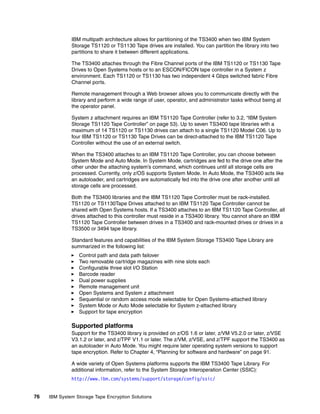 IBM multipath architecture allows for partitioning of the TS3400 when two IBM System
              Storage TS1120 or TS1130 Tape drives are installed. You can partition the library into two
              partitions to share it between different applications.

              The TS3400 attaches through the Fibre Channel ports of the IBM TS1120 or TS1130 Tape
              Drives to Open Systems hosts or to an ESCON/FICON tape controller in a System z
              environment. Each TS1120 or TS1130 has two independent 4 Gbps switched fabric Fibre
              Channel ports.

              Remote management through a Web browser allows you to communicate directly with the
              library and perform a wide range of user, operator, and administrator tasks without being at
              the operator panel.

              System z attachment requires an IBM TS1120 Tape Controller (refer to 3.2, “IBM System
              Storage TS1120 Tape Controller” on page 53). Up to seven TS3400 tape libraries with a
              maximum of 14 TS1120 or TS1130 drives can attach to a single TS1120 Model C06. Up to
              four IBM TS1120 or TS1130 Tape Drives can be direct-attached to the IBM TS1120 Tape
              Controller without the use of an external switch.

              When the TS3400 attaches to an IBM TS1120 Tape Controller, you can choose between
              System Mode and Auto Mode. In System Mode, cartridges are fed to the drive one after the
              other under the attaching system’s command, which continues until all storage cells are
              processed. Currently, only z/OS supports System Mode. In Auto Mode, the TS3400 acts like
              an autoloader, and cartridges are automatically fed into the drive one after another until all
              storage cells are processed.

              Both the TS3400 libraries and the IBM TS1120 Tape Controller must be rack-installed.
              TS1120 or TS1130Tape Drives attached to an IBM TS1120 Tape Controller cannot be
              shared with Open Systems hosts. If a TS3400 attaches to an IBM TS1120 Tape Controller, all
              drives attached to this controller must reside in a TS3400 library. You cannot share an IBM
              TS1120 Tape Controller between drives in a TS3400 and rack-mounted drives or drives in a
              TS3500 or 3494 tape library.

              Standard features and capabilities of the IBM System Storage TS3400 Tape Library are
              summarized in the following list:
                 Control path and data path failover
                 Two removable cartridge magazines with nine slots each
                 Configurable three slot I/O Station
                 Barcode reader
                 Dual power supplies
                 Remote management unit
                 Open Systems and System z attachment
                 Sequential or random access mode selectable for Open Systems-attached library
                 System Mode or Auto Mode selectable for System z-attached library
                 Support for tape encryption

              Supported platforms
              Support for the TS3400 library is provided on z/OS 1.6 or later, z/VM V5.2.0 or later, z/VSE
              V3.1.2 or later, and z/TPF V1.1 or later. The z/VM, z/VSE, and z/TPF support the TS3400 as
              an autoloader in Auto Mode. You might require later operating system versions to support
              tape encryption. Refer to Chapter 4, “Planning for software and hardware” on page 91.

              A wide variety of Open Systems platforms supports the IBM TS3400 Tape Library. For
              additional information, refer to the System Storage Interoperation Center (SSIC):
              http://www.ibm.com/systems/support/storage/config/ssic/


76   IBM System Storage Tape Encryption Solutions
 