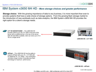 © 2013 IBM Corporation
System x 1S & 2S Servers
For IBMers and BPs only – IBM confidential until 9/10 at 3pm EST
26
Storage choice: With the growing importance of data to any business, it is more important than ever to
provide systems that have a wide choice of storage options. From the growing flash storage market to
the introduction of new workloads such as data analytics, the IBM System x3650 M4 HD provides the
right option for a client’s storage needs.
2.5” HS SAS/SATA/SSD – The x3650 M4 HD
provides clients up to 24x 2.5” HDD in the front of the
server with an additional two in the rear of the server.
With 26 total SSDs available, client can store up to 41.6
TB on a single server
IBM System x3650 M4 HD - More storage choices and greater performance
x3650 M4 HD – 2.5” HDD
x3650 M4 HD – eXFlash
eXFlash – The x3650 M4 HD has the ability to
support eXFlash with up to 16 – 1.8” SSD with
an additional 18 - 2.5” HDDs. This combination
provides a large number of spindles plus flash
technology for maximum performance.
 