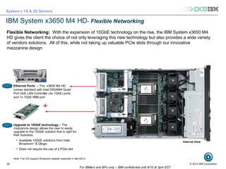 © 2013 IBM Corporation
System x 1S & 2S Servers
For IBMers and BPs only – IBM confidential until 9/10 at 3pm EST
2929
Internal View
Flexible Networking: With the expansion of 10GbE technology on the rise, the IBM System x3650 M4
HD gives the client the choice of not only leveraging this new technology but also provides a wide variety
of vendors solutions. All of this, while not taking up valuable PCIe slots through our innovative
mezzanine design
Ethernet Ports – The x3650 M4 HD
comes standard with Intel I350AM4 Quad
Port GbE LAN Controller (4x 1GbE) ports
and 1x 1GbE IMM port
Upgrade to 10GbE technology – The
mezzanine design allows the user to easily
upgrade to the 10GbE solution that is right for
their business.
• Available 10GbE solutions from Intel,
Broadcom1
& Qlogic
• Does not require the use of a PCIe slot
IBM System x3650 M4 HD- Flexible Networking
+
Note: Full O/S support Broadcom adapter expected in late 4Q13
 