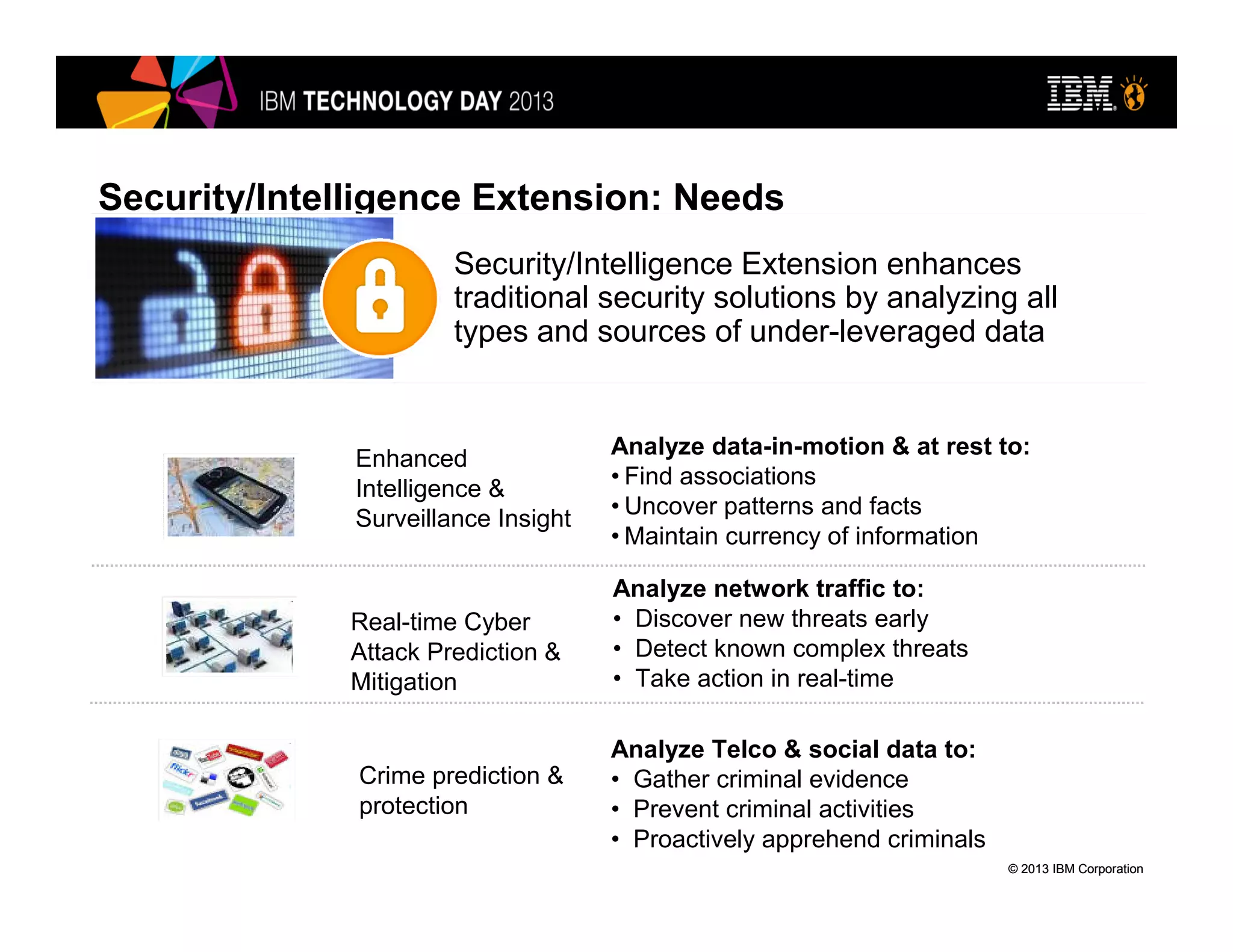 © 2013 IBM Corporation© 2013 IBM Corporation
Security/Intelligence Extension: Needs
Enhanced
Intelligence &
Surveillance Insight
Real-time Cyber
Attack Prediction &
Mitigation
Analyze network traffic to:
• Discover new threats early
• Detect known complex threats
• Take action in real-time
Analyze Telco & social data to:
• Gather criminal evidence
• Prevent criminal activities
• Proactively apprehend criminals
Crime prediction &
protection
Security/Intelligence Extension enhances
traditional security solutions by analyzing all
types and sources of under-leveraged data
Analyze data-in-motion & at rest to:
• Find associations
• Uncover patterns and facts
• Maintain currency of information
 