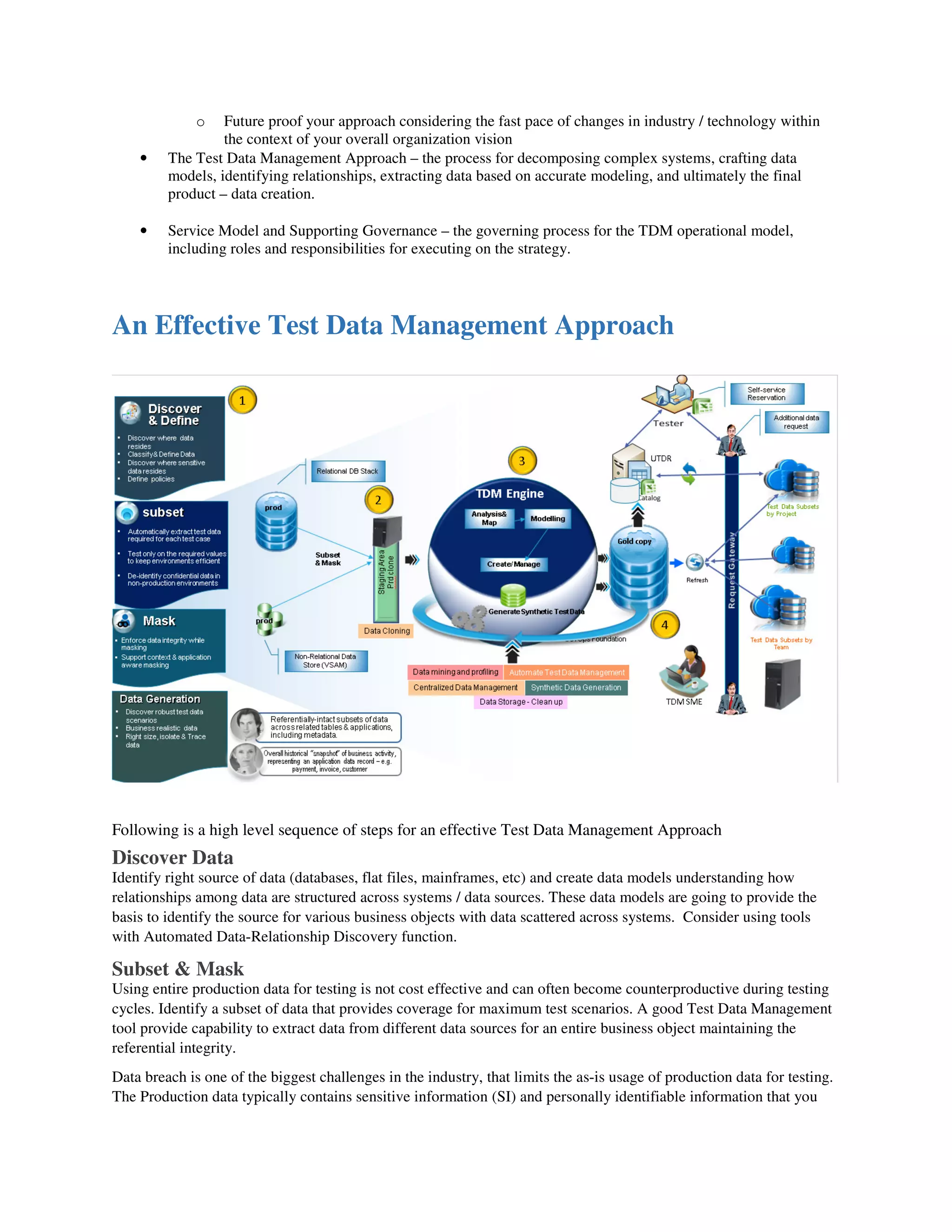 o Future proof your approach considering the fast pace of changes in industry / technology within
the context of your overall organization vision
• The Test Data Management Approach – the process for decomposing complex systems, crafting data
models, identifying relationships, extracting data based on accurate modeling, and ultimately the final
product – data creation.
• Service Model and Supporting Governance – the governing process for the TDM operational model,
including roles and responsibilities for executing on the strategy.
An Effective Test Data Management Approach
Following is a high level sequence of steps for an effective Test Data Management Approach
Discover Data
Identify right source of data (databases, flat files, mainframes, etc) and create data models understanding how
relationships among data are structured across systems / data sources. These data models are going to provide the
basis to identify the source for various business objects with data scattered across systems. Consider using tools
with Automated Data-Relationship Discovery function.
Subset & Mask
Using entire production data for testing is not cost effective and can often become counterproductive during testing
cycles. Identify a subset of data that provides coverage for maximum test scenarios. A good Test Data Management
tool provide capability to extract data from different data sources for an entire business object maintaining the
referential integrity.
Data breach is one of the biggest challenges in the industry, that limits the as-is usage of production data for testing.
The Production data typically contains sensitive information (SI) and personally identifiable information that you
 
