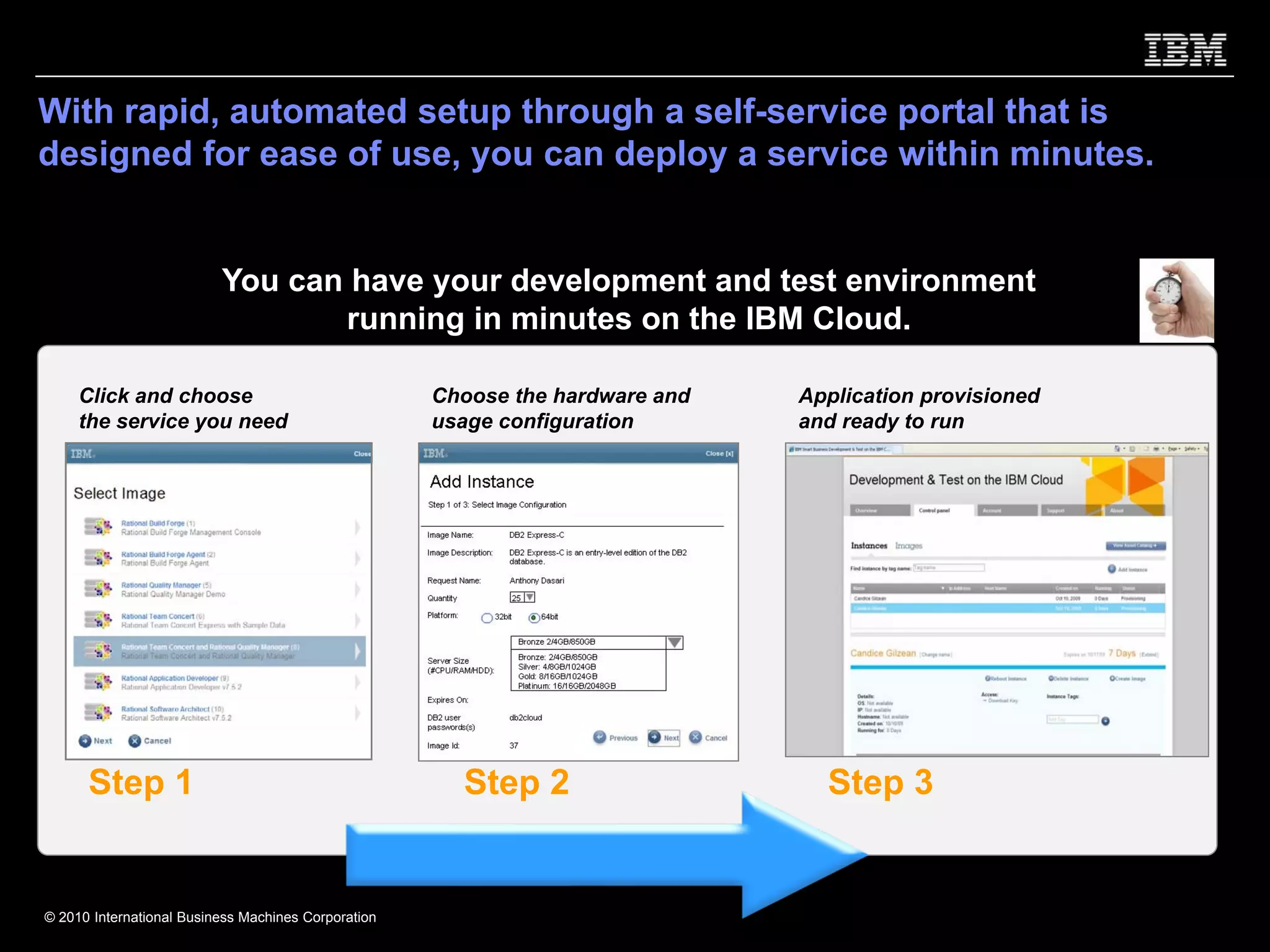 With rapid, automated setup through a self-service portal that is
designed for ease of use, you can deploy a service within minutes.


                          You can have your development and test environment
                                 running in minutes on the IBM Cloud.

     Click and choose                                Choose the hardware and   Application provisioned
     the service you need                            usage configuration       and ready to run




      Step 1                                           Step 2                    Step 3


© 2010 International Business Machines Corporation
 