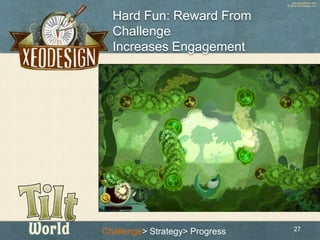 www.xeodesign.com
© 2013 XEODesign, Inc.
27
Hard Fun: Reward From
Challenge
Increases Engagement
Challenge> Strategy> Prog...