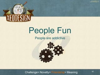 www.xeodesign.com
© 2013 XEODesign, Inc.
People Fun
People are addictive
41Challenge> Novelty> Friendship> Meaning
 