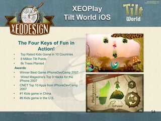 www.xeodesign.com
© 2013 XEODesign, Inc.
XEOPlay
Tilt World iOS
The Four Keys of Fun in
Action!
• Top Rated Kids Game in 1...