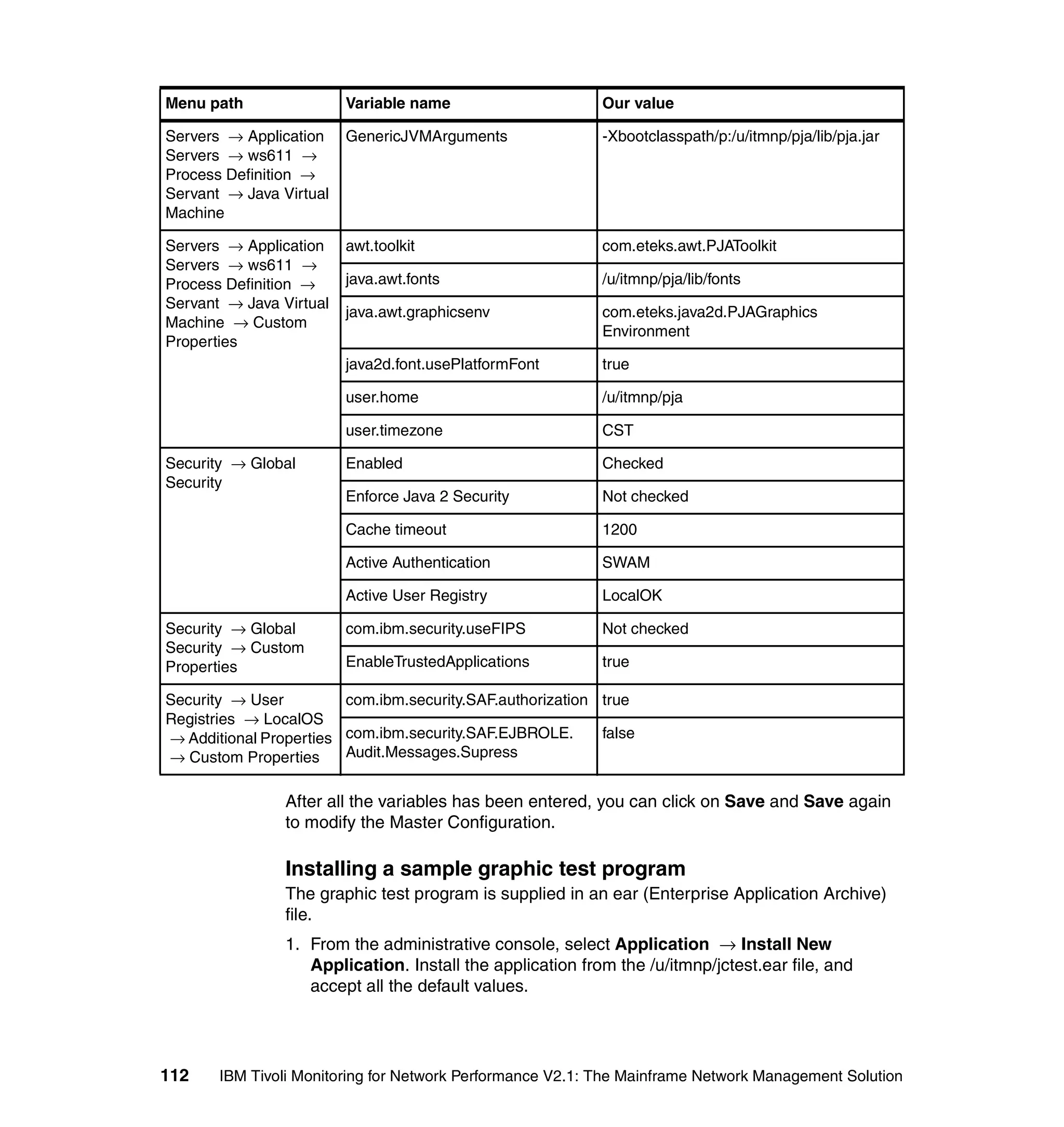 Menu path                Variable name                     Our value

Servers → Application    GenericJVMArguments               -Xbootclasspath/p:/u/itmnp/pja/lib/pja.jar
Servers → ws611 →
Process Definition →
Servant → Java Virtual
Machine

Servers → Application    awt.toolkit                       com.eteks.awt.PJAToolkit
Servers → ws611 →
Process Definition →     java.awt.fonts                    /u/itmnp/pja/lib/fonts
Servant → Java Virtual
                         java.awt.graphicsenv              com.eteks.java2d.PJAGraphics
Machine → Custom
                                                           Environment
Properties
                         java2d.font.usePlatformFont       true

                         user.home                         /u/itmnp/pja

                         user.timezone                     CST

Security → Global        Enabled                           Checked
Security
                         Enforce Java 2 Security           Not checked

                         Cache timeout                     1200

                         Active Authentication             SWAM

                         Active User Registry              LocalOK

Security → Global        com.ibm.security.useFIPS          Not checked
Security → Custom
Properties               EnableTrustedApplications         true

Security → User         com.ibm.security.SAF.authorization true
Registries → LocalOS
→ Additional Properties com.ibm.security.SAF.EJBROLE.      false
→ Custom Properties     Audit.Messages.Supress


                After all the variables has been entered, you can click on Save and Save again
                to modify the Master Configuration.

                Installing a sample graphic test program
                The graphic test program is supplied in an ear (Enterprise Application Archive)
                file.
                1. From the administrative console, select Application → Install New
                   Application. Install the application from the /u/itmnp/jctest.ear file, and
                   accept all the default values.




112    IBM Tivoli Monitoring for Network Performance V2.1: The Mainframe Network Management Solution
 