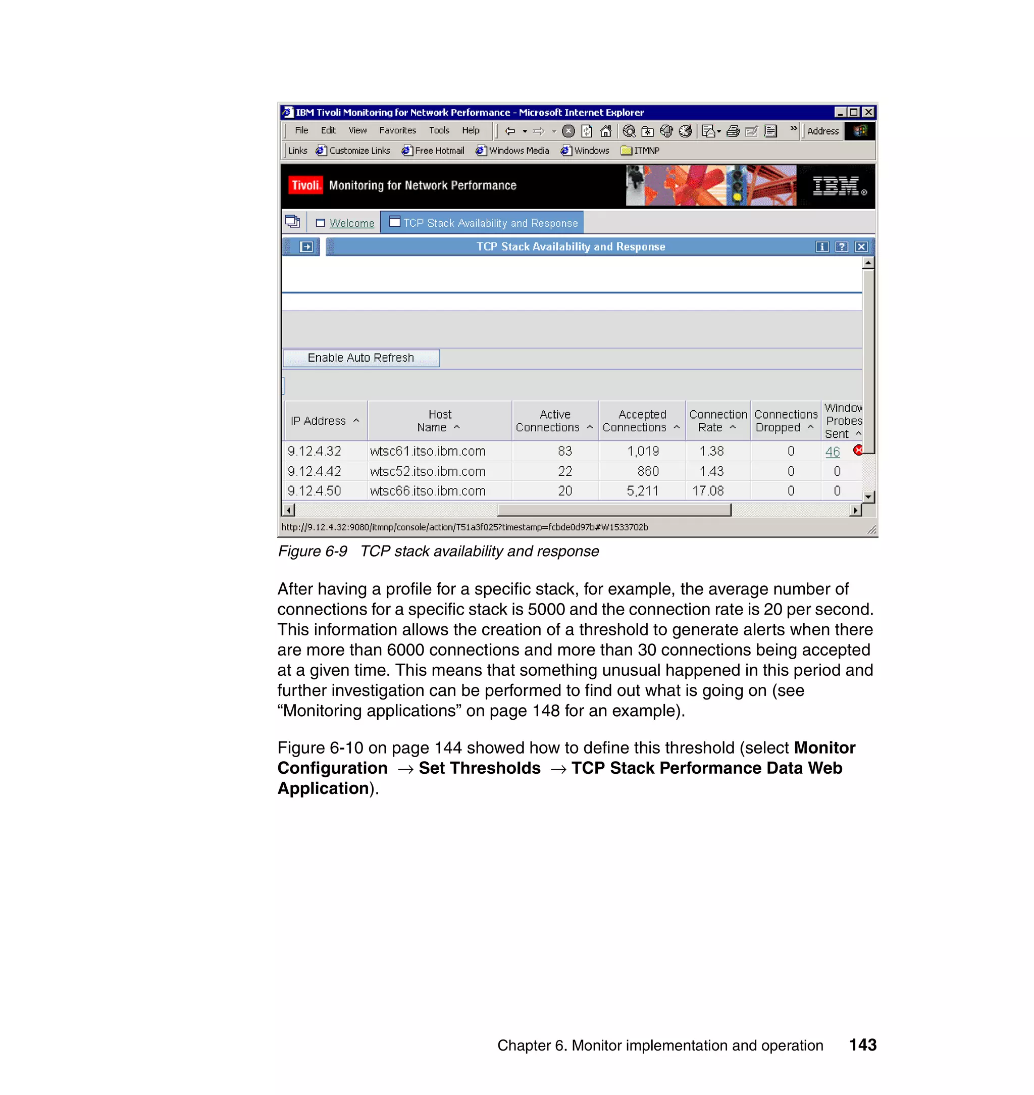 Figure 6-9 TCP stack availability and response

After having a profile for a specific stack, for example, the average number of
connections for a specific stack is 5000 and the connection rate is 20 per second.
This information allows the creation of a threshold to generate alerts when there
are more than 6000 connections and more than 30 connections being accepted
at a given time. This means that something unusual happened in this period and
further investigation can be performed to find out what is going on (see
“Monitoring applications” on page 148 for an example).

Figure 6-10 on page 144 showed how to define this threshold (select Monitor
Configuration → Set Thresholds → TCP Stack Performance Data Web
Application).




                               Chapter 6. Monitor implementation and operation   143
 
