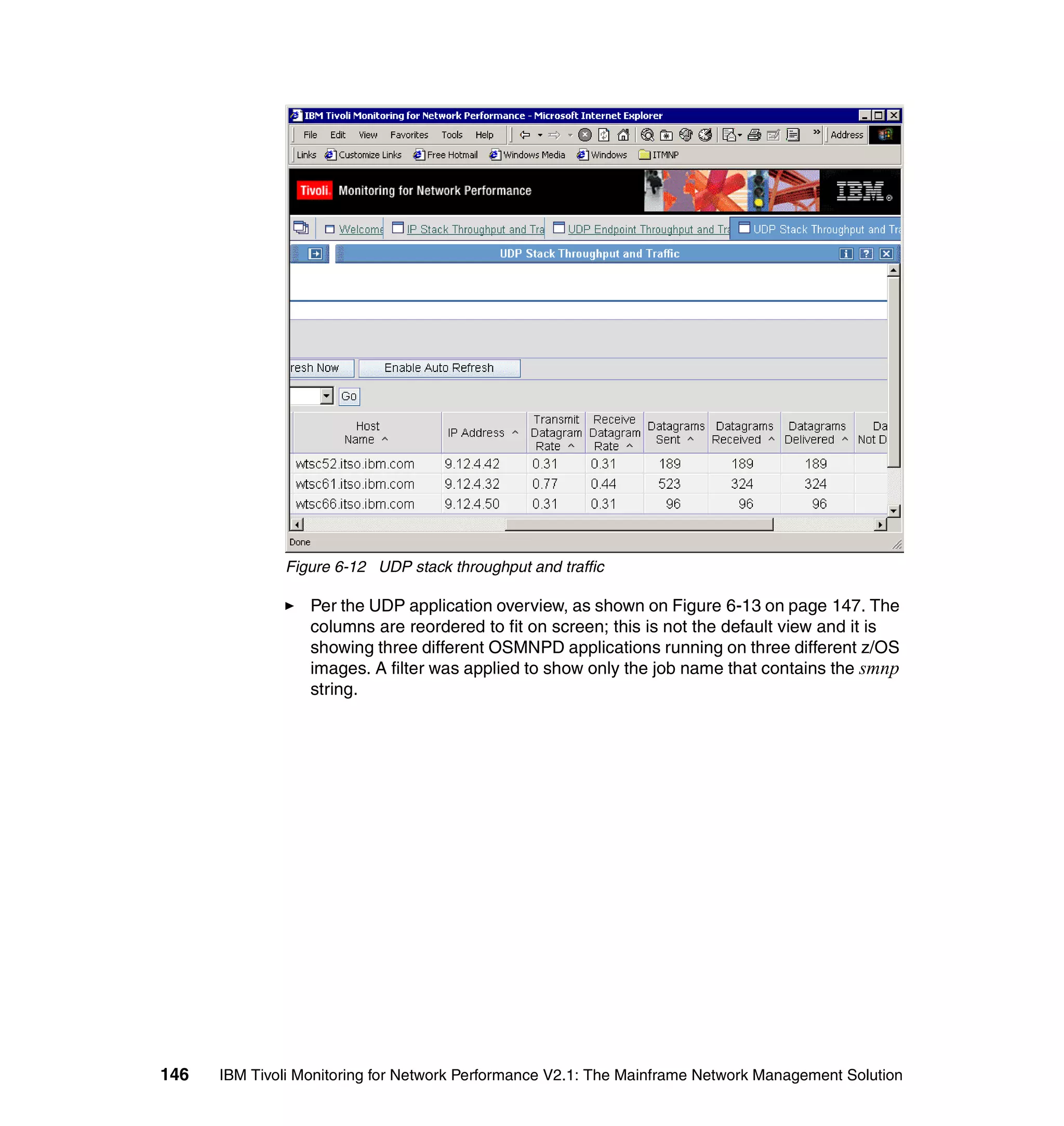 Figure 6-12 UDP stack throughput and traffic

                  Per the UDP application overview, as shown on Figure 6-13 on page 147. The
                  columns are reordered to fit on screen; this is not the default view and it is
                  showing three different OSMNPD applications running on three different z/OS
                  images. A filter was applied to show only the job name that contains the smnp
                  string.




146   IBM Tivoli Monitoring for Network Performance V2.1: The Mainframe Network Management Solution
 
