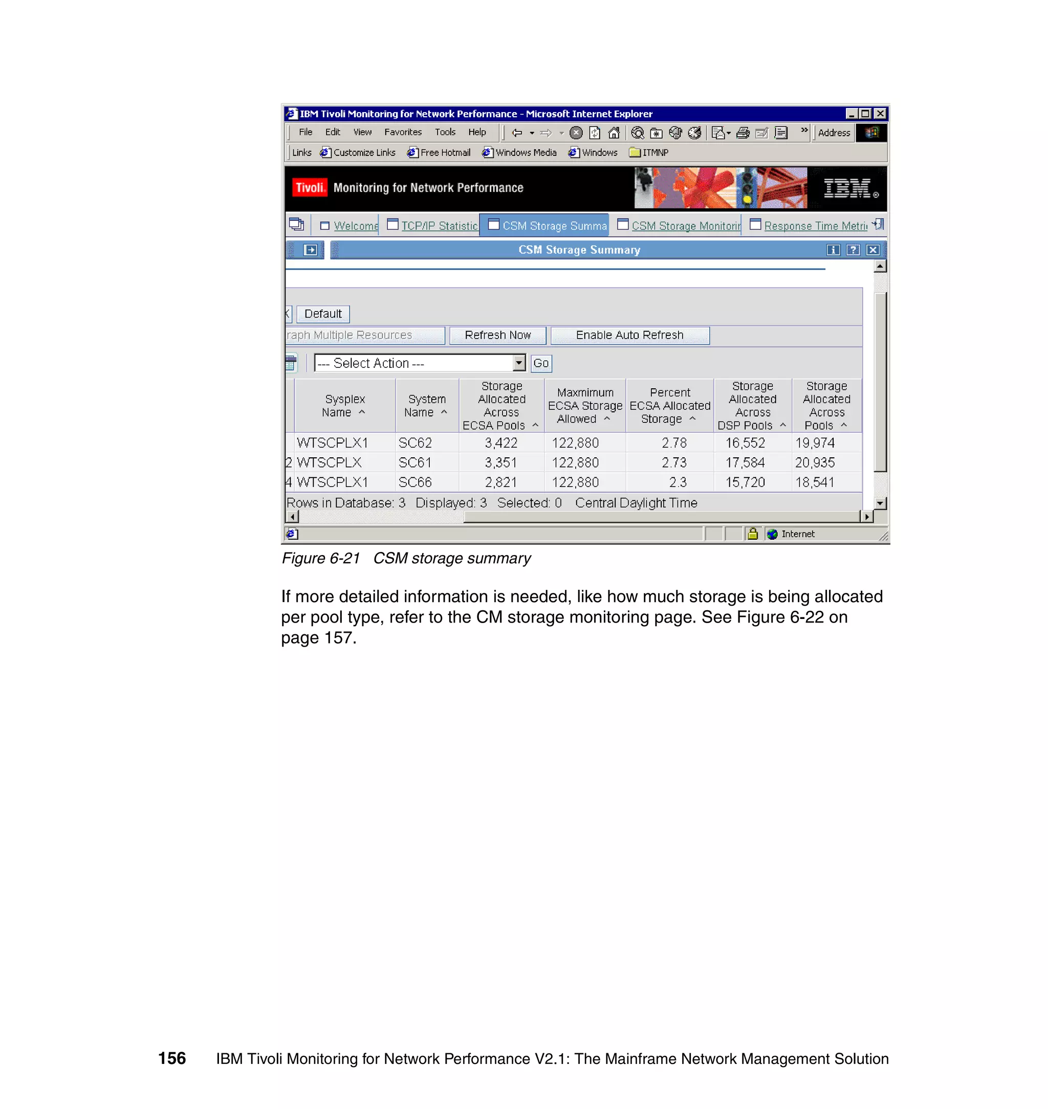 Figure 6-21 CSM storage summary

              If more detailed information is needed, like how much storage is being allocated
              per pool type, refer to the CM storage monitoring page. See Figure 6-22 on
              page 157.




156   IBM Tivoli Monitoring for Network Performance V2.1: The Mainframe Network Management Solution
 