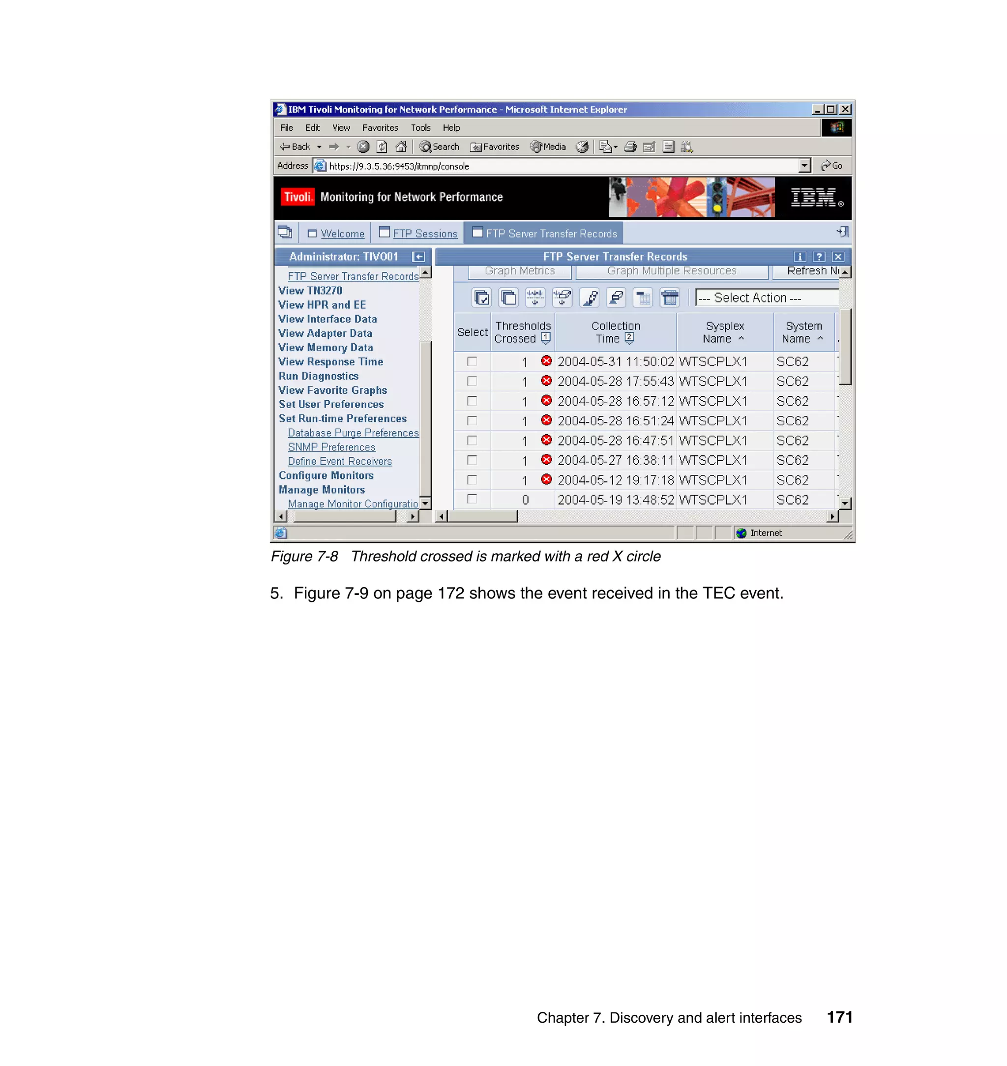 Figure 7-8 Threshold crossed is marked with a red X circle

5. Figure 7-9 on page 172 shows the event received in the TEC event.




                                       Chapter 7. Discovery and alert interfaces   171
 