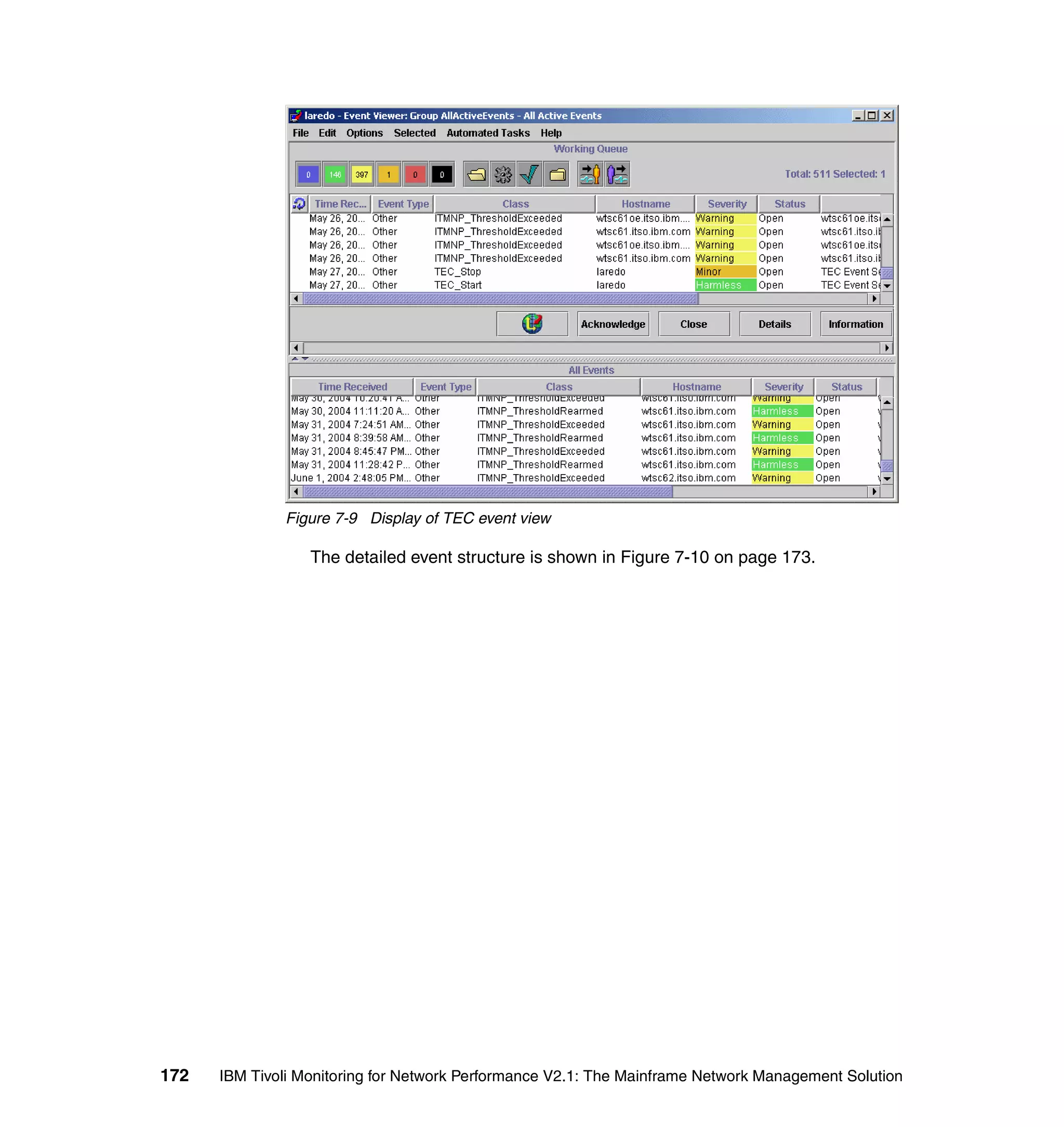 Figure 7-9 Display of TEC event view

                  The detailed event structure is shown in Figure 7-10 on page 173.




172   IBM Tivoli Monitoring for Network Performance V2.1: The Mainframe Network Management Solution
 