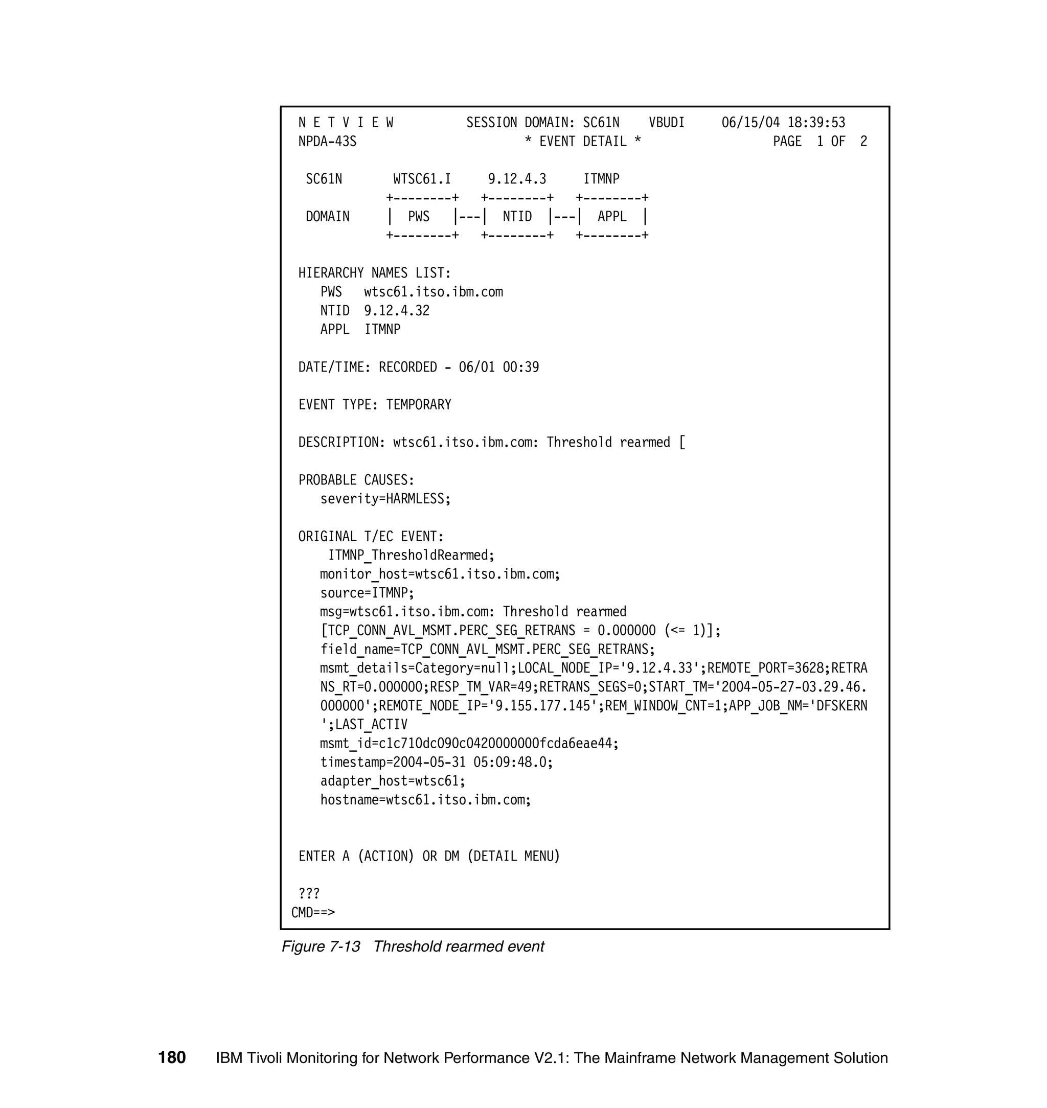 N E T V I E W           SESSION DOMAIN: SC61N    VBUDI    06/15/04 18:39:53
                 NPDA-43S                        * EVENT DETAIL *                 PAGE 1 OF 2

                  SC61N       WTSC61.I   9.12.4.3   ITMNP
                             +--------+ +--------+ +--------+
                  DOMAIN     | PWS |---| NTID |---| APPL |
                             +--------+ +--------+ +--------+

                 HIERARCHY NAMES LIST:
                    PWS wtsc61.itso.ibm.com
                    NTID 9.12.4.32
                    APPL ITMNP

                 DATE/TIME: RECORDED - 06/01 00:39

                 EVENT TYPE: TEMPORARY

                 DESCRIPTION: wtsc61.itso.ibm.com: Threshold rearmed [

                 PROBABLE CAUSES:
                    severity=HARMLESS;

                 ORIGINAL T/EC EVENT:
                     ITMNP_ThresholdRearmed;
                    monitor_host=wtsc61.itso.ibm.com;
                    source=ITMNP;
                    msg=wtsc61.itso.ibm.com: Threshold rearmed
                    [TCP_CONN_AVL_MSMT.PERC_SEG_RETRANS = 0.000000 (<= 1)];
                    field_name=TCP_CONN_AVL_MSMT.PERC_SEG_RETRANS;
                    msmt_details=Category=null;LOCAL_NODE_IP='9.12.4.33';REMOTE_PORT=3628;RETRA
                    NS_RT=0.000000;RESP_TM_VAR=49;RETRANS_SEGS=0;START_TM='2004-05-27-03.29.46.
                    000000';REMOTE_NODE_IP='9.155.177.145';REM_WINDOW_CNT=1;APP_JOB_NM='DFSKERN
                    ';LAST_ACTIV
                    msmt_id=c1c710dc090c0420000000fcda6eae44;
                    timestamp=2004-05-31 05:09:48.0;
                    adapter_host=wtsc61;
                    hostname=wtsc61.itso.ibm.com;


                 ENTER A (ACTION) OR DM (DETAIL MENU)

                 ???
                CMD==>

              Figure 7-13 Threshold rearmed event




180   IBM Tivoli Monitoring for Network Performance V2.1: The Mainframe Network Management Solution
 