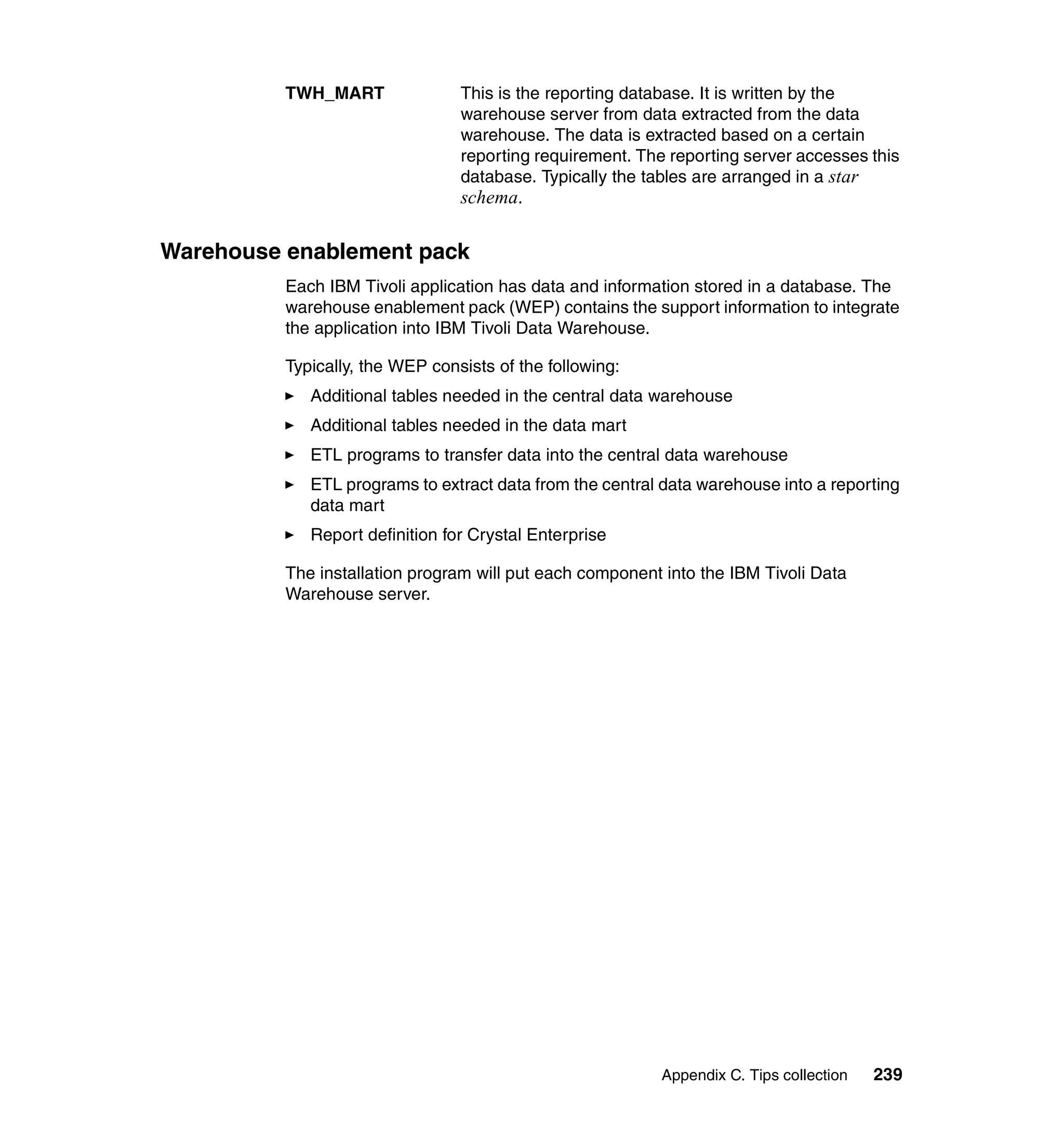 TWH_MART               This is the reporting database. It is written by the
                                 warehouse server from data extracted from the data
                                 warehouse. The data is extracted based on a certain
                                 reporting requirement. The reporting server accesses this
                                 database. Typically the tables are arranged in a star
                                 schema.

Warehouse enablement pack
          Each IBM Tivoli application has data and information stored in a database. The
          warehouse enablement pack (WEP) contains the support information to integrate
          the application into IBM Tivoli Data Warehouse.

          Typically, the WEP consists of the following:
             Additional tables needed in the central data warehouse
             Additional tables needed in the data mart
             ETL programs to transfer data into the central data warehouse
             ETL programs to extract data from the central data warehouse into a reporting
             data mart
             Report definition for Crystal Enterprise

          The installation program will put each component into the IBM Tivoli Data
          Warehouse server.




                                                           Appendix C. Tips collection   239
 