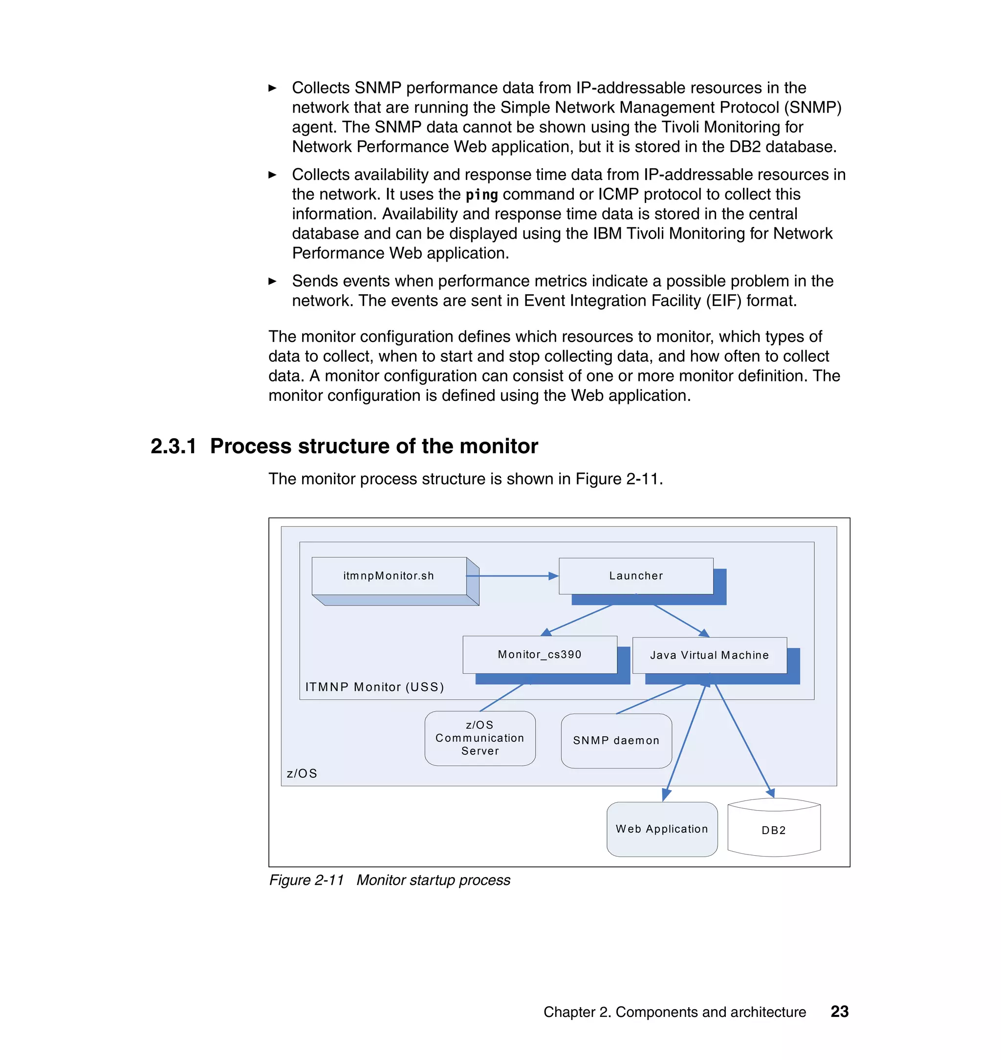 Collects SNMP performance data from IP-addressable resources in the
              network that are running the Simple Network Management Protocol (SNMP)
              agent. The SNMP data cannot be shown using the Tivoli Monitoring for
              Network Performance Web application, but it is stored in the DB2 database.
              Collects availability and response time data from IP-addressable resources in
              the network. It uses the ping command or ICMP protocol to collect this
              information. Availability and response time data is stored in the central
              database and can be displayed using the IBM Tivoli Monitoring for Network
              Performance Web application.
              Sends events when performance metrics indicate a possible problem in the
              network. The events are sent in Event Integration Facility (EIF) format.

           The monitor configuration defines which resources to monitor, which types of
           data to collect, when to start and stop collecting data, and how often to collect
           data. A monitor configuration can consist of one or more monitor definition. The
           monitor configuration is defined using the Web application.


2.3.1 Process structure of the monitor
           The monitor process structure is shown in Figure 2-11.




                       itm np M o n ito r.sh                                         L a un che r




                                                            M o n ito r_ cs3 9 0              Java V irtu al M ach in e

                IT M N P M o nitor (U S S )


                                                     z/O S
                                               C o m m un ica tion            S N M P d ae m on
                                                    S e rve r

             z/O S



                                                                                      W e b A p plicatio n           D B2



           Figure 2-11 Monitor startup process




                                                                      Chapter 2. Components and architecture                23
 