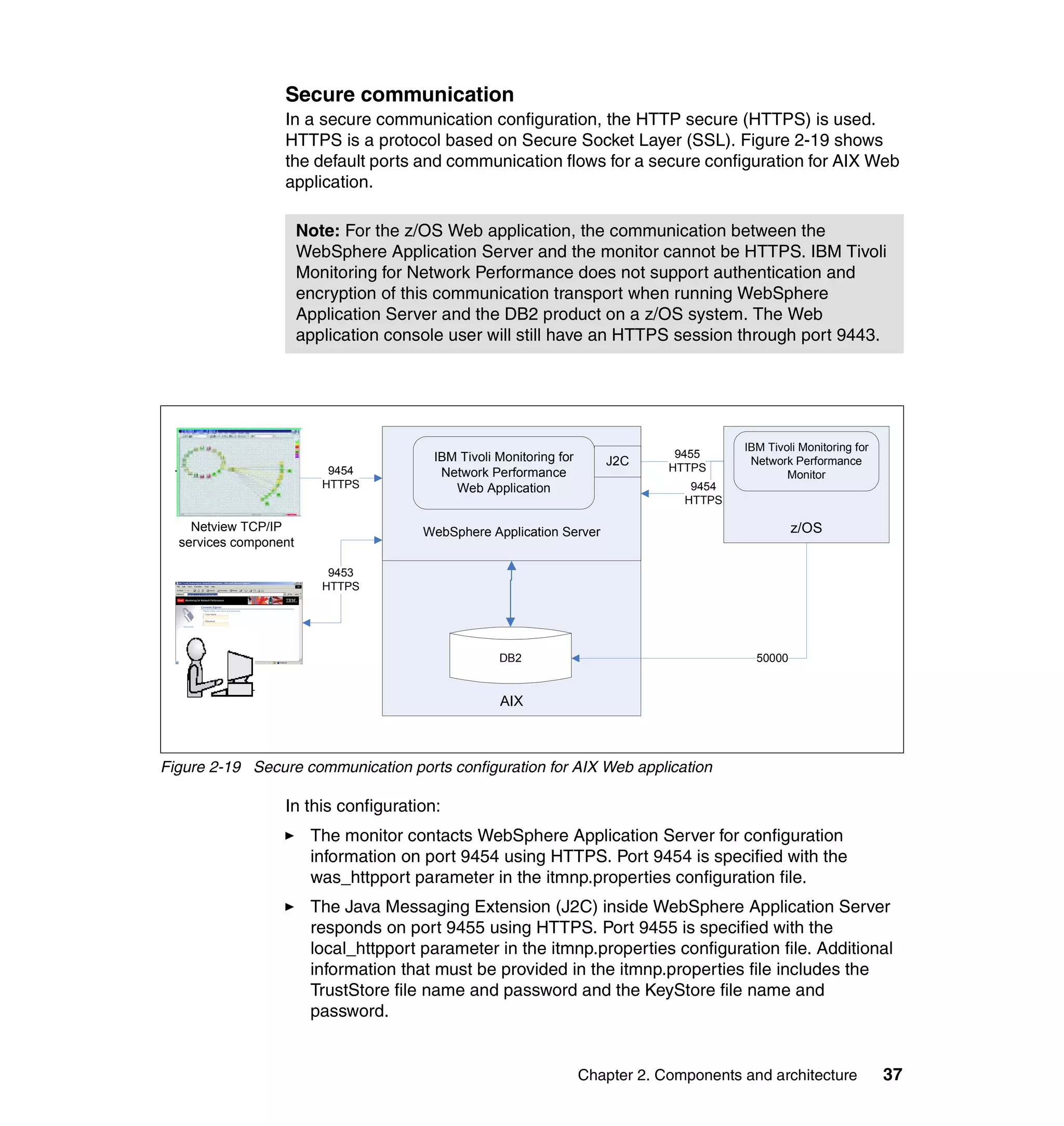 Secure communication
                  In a secure communication configuration, the HTTP secure (HTTPS) is used.
                  HTTPS is a protocol based on Secure Socket Layer (SSL). Figure 2-19 shows
                  the default ports and communication flows for a secure configuration for AIX Web
                  application.

                       Note: For the z/OS Web application, the communication between the
                       WebSphere Application Server and the monitor cannot be HTTPS. IBM Tivoli
                       Monitoring for Network Performance does not support authentication and
                       encryption of this communication transport when running WebSphere
                       Application Server and the DB2 product on a z/OS system. The Web
                       application console user will still have an HTTPS session through port 9443.




                                                                                          IBM Tivoli Monitoring for
                                        IBM Tivoli Monitoring for                9455
                                                                       J2C      HTTPS
                                                                                           Network Performance
                           9454          Network Performance                                      Monitor
                          HTTPS            Web Application                         9454
                                                                                  HTTPS

    Netview TCP/IP                     WebSphere Application Server                                 z/OS
  services component

                           9453
                          HTTPS




                                                   DB2                                      50000


                                                   AIX



Figure 2-19 Secure communication ports configuration for AIX Web application

                  In this configuration:
                        The monitor contacts WebSphere Application Server for configuration
                        information on port 9454 using HTTPS. Port 9454 is specified with the
                        was_httpport parameter in the itmnp.properties configuration file.
                        The Java Messaging Extension (J2C) inside WebSphere Application Server
                        responds on port 9455 using HTTPS. Port 9455 is specified with the
                        local_httpport parameter in the itmnp.properties configuration file. Additional
                        information that must be provided in the itmnp.properties file includes the
                        TrustStore file name and password and the KeyStore file name and
                        password.


                                                                    Chapter 2. Components and architecture            37
 