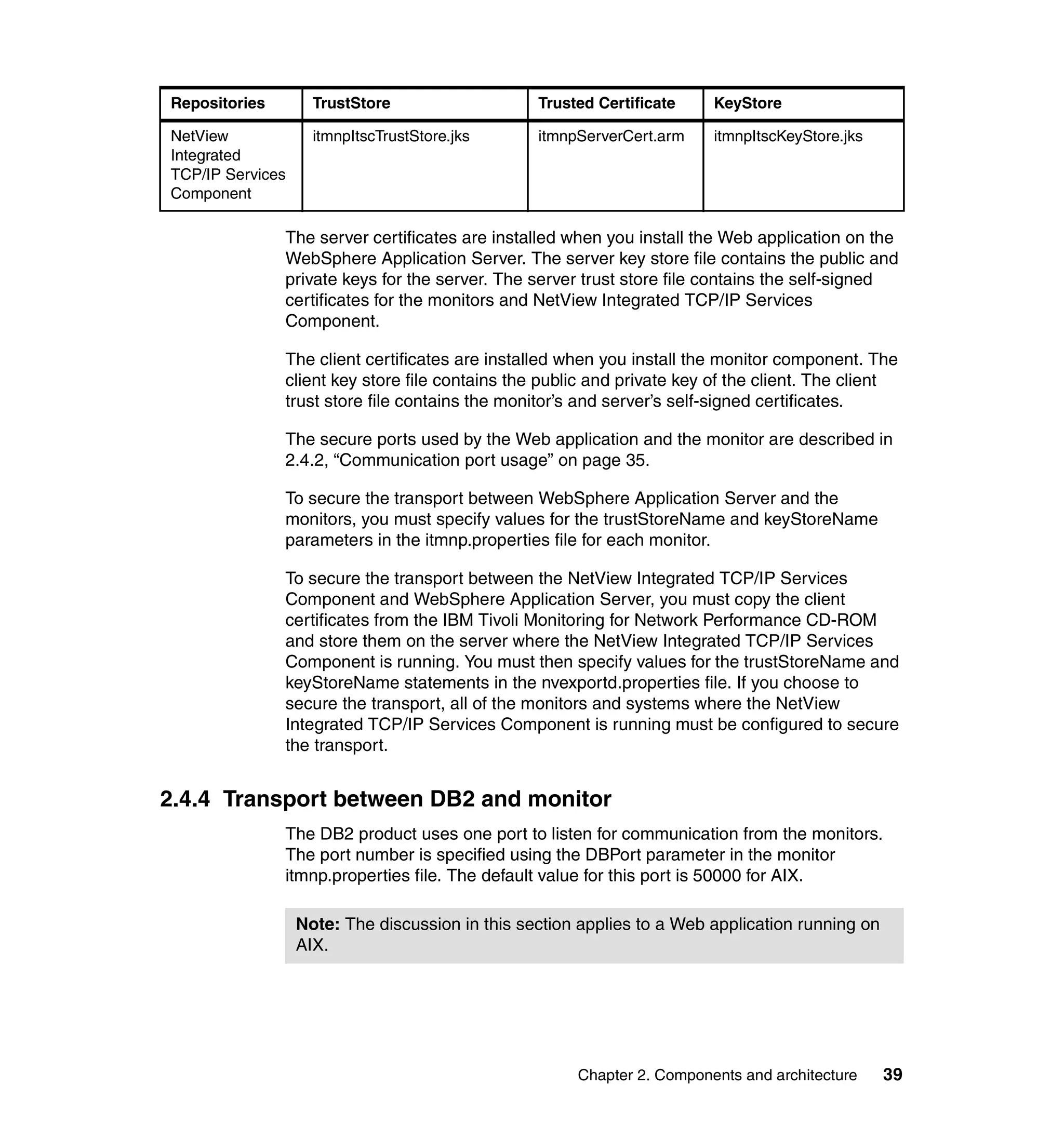 Repositories        TrustStore                   Trusted Certificate     KeyStore

NetView             itmnpItscTrustStore.jks      itmnpServerCert.arm     itmnpItscKeyStore.jks
Integrated
TCP/IP Services
Component

               The server certificates are installed when you install the Web application on the
               WebSphere Application Server. The server key store file contains the public and
               private keys for the server. The server trust store file contains the self-signed
               certificates for the monitors and NetView Integrated TCP/IP Services
               Component.

               The client certificates are installed when you install the monitor component. The
               client key store file contains the public and private key of the client. The client
               trust store file contains the monitor’s and server’s self-signed certificates.

               The secure ports used by the Web application and the monitor are described in
               2.4.2, “Communication port usage” on page 35.

               To secure the transport between WebSphere Application Server and the
               monitors, you must specify values for the trustStoreName and keyStoreName
               parameters in the itmnp.properties file for each monitor.

               To secure the transport between the NetView Integrated TCP/IP Services
               Component and WebSphere Application Server, you must copy the client
               certificates from the IBM Tivoli Monitoring for Network Performance CD-ROM
               and store them on the server where the NetView Integrated TCP/IP Services
               Component is running. You must then specify values for the trustStoreName and
               keyStoreName statements in the nvexportd.properties file. If you choose to
               secure the transport, all of the monitors and systems where the NetView
               Integrated TCP/IP Services Component is running must be configured to secure
               the transport.


2.4.4 Transport between DB2 and monitor
               The DB2 product uses one port to listen for communication from the monitors.
               The port number is specified using the DBPort parameter in the monitor
               itmnp.properties file. The default value for this port is 50000 for AIX.

                  Note: The discussion in this section applies to a Web application running on
                  AIX.




                                                      Chapter 2. Components and architecture     39
 