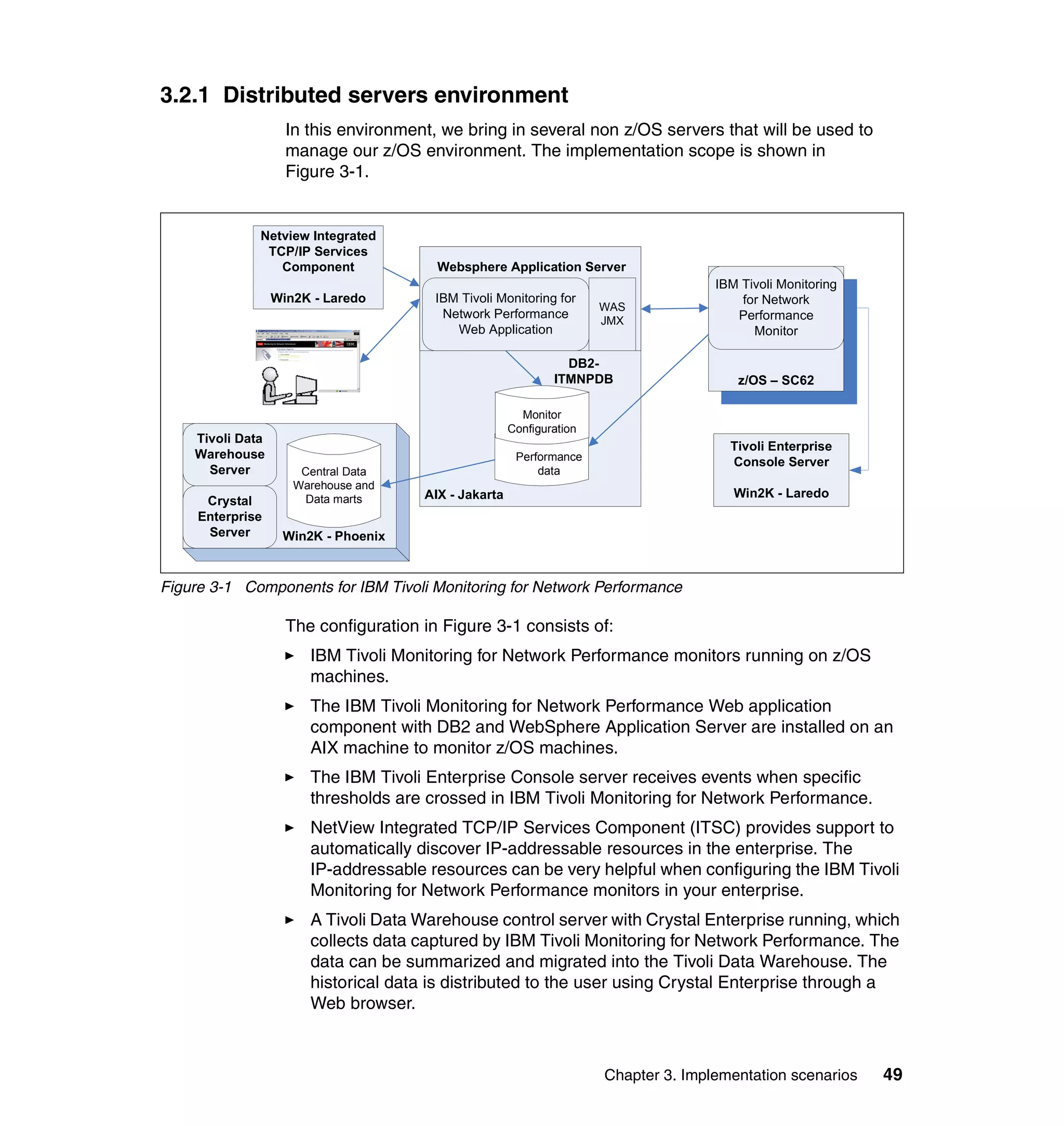 3.2.1 Distributed servers environment
                    In this environment, we bring in several non z/OS servers that will be used to
                    manage our z/OS environment. The implementation scope is shown in
                    Figure 3-1.


              Netview Integrated
               TCP/IP Services
                 Component              Websphere Application Server
                                                                                     IBM Tivoli Monitoring
                  Win2K - Laredo        IBM Tivoli Monitoring for                        for Network
                                                                      WAS
                                         Network Performance          JMX               Performance
                                           Web Application                                 Monitor

                                                                DB2-
                                                              ITMNPDB                   z/OS – SC62

                                                        Monitor
                                                      Configuration
    Tivoli Data
                                                                                       Tivoli Enterprise
    Warehouse                                          Performance                     Console Server
      Server          Central Data                         data
                     Warehouse and
                      Data marts      AIX - Jakarta                                     Win2K - Laredo
      Crystal
     Enterprise
      Server       Win2K - Phoenix


Figure 3-1 Components for IBM Tivoli Monitoring for Network Performance

                    The configuration in Figure 3-1 consists of:
                       IBM Tivoli Monitoring for Network Performance monitors running on z/OS
                       machines.
                       The IBM Tivoli Monitoring for Network Performance Web application
                       component with DB2 and WebSphere Application Server are installed on an
                       AIX machine to monitor z/OS machines.
                       The IBM Tivoli Enterprise Console server receives events when specific
                       thresholds are crossed in IBM Tivoli Monitoring for Network Performance.
                       NetView Integrated TCP/IP Services Component (ITSC) provides support to
                       automatically discover IP-addressable resources in the enterprise. The
                       IP-addressable resources can be very helpful when configuring the IBM Tivoli
                       Monitoring for Network Performance monitors in your enterprise.
                       A Tivoli Data Warehouse control server with Crystal Enterprise running, which
                       collects data captured by IBM Tivoli Monitoring for Network Performance. The
                       data can be summarized and migrated into the Tivoli Data Warehouse. The
                       historical data is distributed to the user using Crystal Enterprise through a
                       Web browser.



                                                                      Chapter 3. Implementation scenarios    49
 