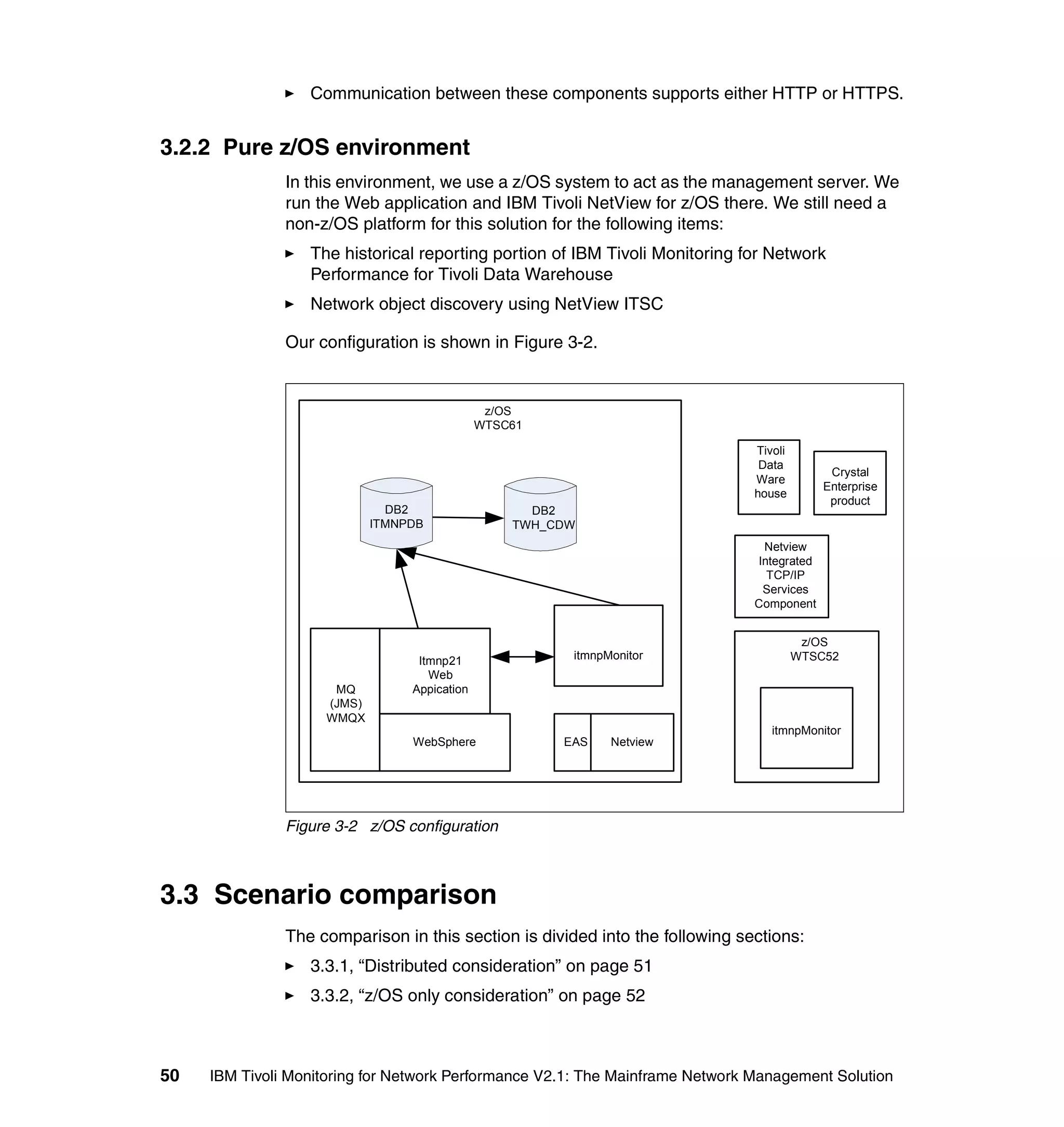 Communication between these components supports either HTTP or HTTPS.


3.2.2 Pure z/OS environment
               In this environment, we use a z/OS system to act as the management server. We
               run the Web application and IBM Tivoli NetView for z/OS there. We still need a
               non-z/OS platform for this solution for the following items:
                  The historical reporting portion of IBM Tivoli Monitoring for Network
                  Performance for Tivoli Data Warehouse
                  Network object discovery using NetView ITSC

               Our configuration is shown in Figure 3-2.


                                               z/OS
                                              WTSC61

                                                                               Tivoli
                                                                                Data
                                                                                             Crystal
                                                                               Ware
                                                                                            Enterprise
                                                                               house
                                                                                             product
                              DB2                   DB2
                            ITMNPDB               TWH_CDW
                                                                                Netview
                                                                               Integrated
                                                                                 TCP/IP
                                                                                Services
                                                                               Component


                                                                                         z/OS
                                  Itmnp21               itmnpMonitor                    WTSC52
                                    Web
                     MQ          Appication
                    (JMS)
                    WMQX
                                                                                  itmnpMonitor
                                 WebSphere             EAS    Netview




               Figure 3-2 z/OS configuration



3.3 Scenario comparison
               The comparison in this section is divided into the following sections:
                  3.3.1, “Distributed consideration” on page 51
                  3.3.2, “z/OS only consideration” on page 52



50   IBM Tivoli Monitoring for Network Performance V2.1: The Mainframe Network Management Solution
 