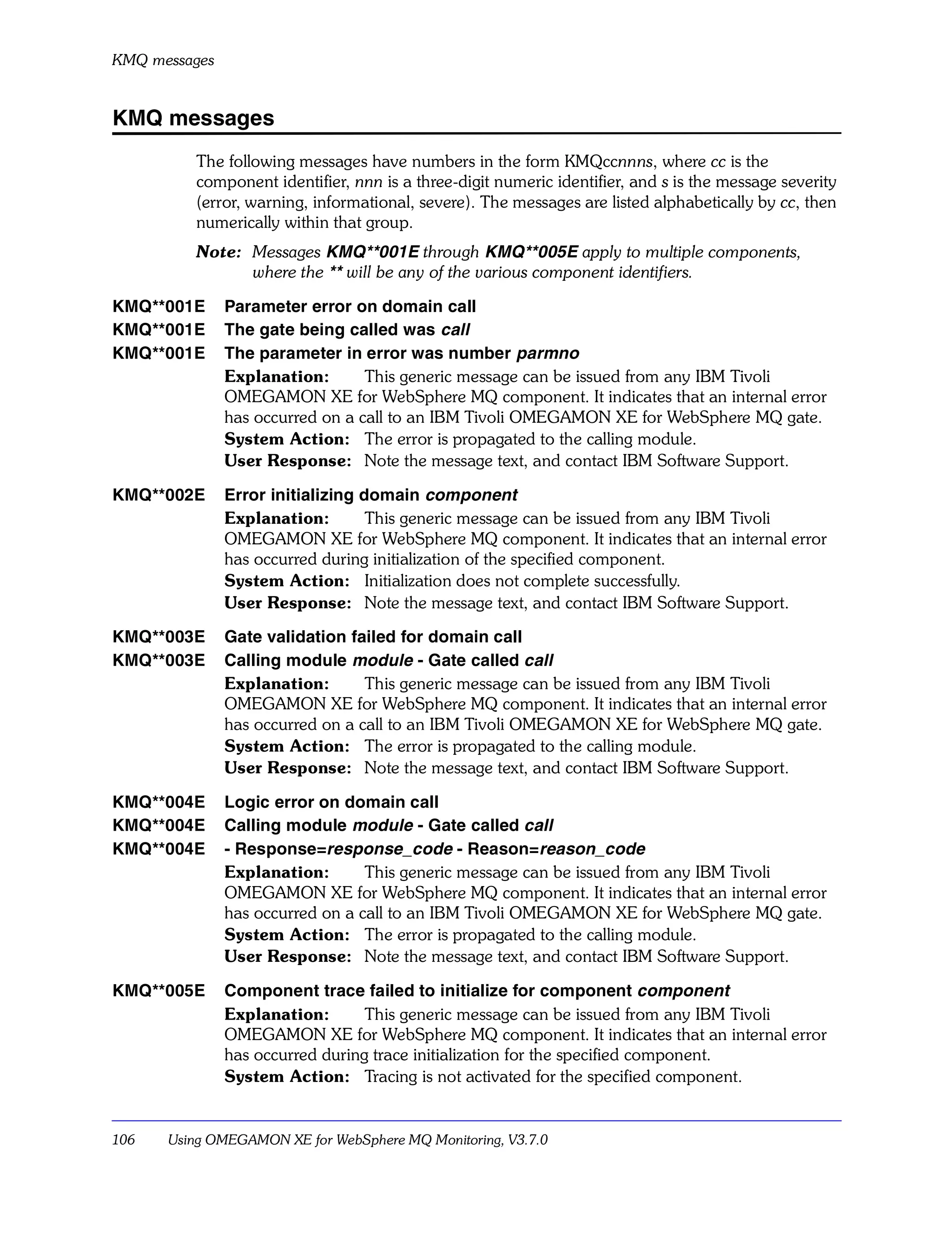 KMQ messages


KMQ messages
         The following messages have numbers in the form KMQccnnns, where cc is the
         component identifier, nnn is a three-digit numeric identifier, and s is the message severity
         (error, warning, informational, severe). The messages are listed alphabetically by cc, then
         numerically within that group.
         Note: Messages KMQ**001E through KMQ**005E apply to multiple components,
               where the ** will be any of the various component identifiers.

KMQ**001E      Parameter error on domain call
KMQ**001E      The gate being called was call
KMQ**001E      The parameter in error was number parmno
               Explanation:       This generic message can be issued from any IBM Tivoli
               OMEGAMON XE for WebSphere MQ component. It indicates that an internal error
               has occurred on a call to an IBM Tivoli OMEGAMON XE for WebSphere MQ gate.
               System Action: The error is propagated to the calling module.
               User Response: Note the message text, and contact IBM Software Support.

KMQ**002E      Error initializing domain component
               Explanation:        This generic message can be issued from any IBM Tivoli
               OMEGAMON XE for WebSphere MQ component. It indicates that an internal error
               has occurred during initialization of the specified component.
               System Action: Initialization does not complete successfully.
               User Response: Note the message text, and contact IBM Software Support.

KMQ**003E      Gate validation failed for domain call
KMQ**003E      Calling module module - Gate called call
               Explanation:       This generic message can be issued from any IBM Tivoli
               OMEGAMON XE for WebSphere MQ component. It indicates that an internal error
               has occurred on a call to an IBM Tivoli OMEGAMON XE for WebSphere MQ gate.
               System Action: The error is propagated to the calling module.
               User Response: Note the message text, and contact IBM Software Support.

KMQ**004E      Logic error on domain call
KMQ**004E      Calling module module - Gate called call
KMQ**004E      - Response=response_code - Reason=reason_code
               Explanation:       This generic message can be issued from any IBM Tivoli
               OMEGAMON XE for WebSphere MQ component. It indicates that an internal error
               has occurred on a call to an IBM Tivoli OMEGAMON XE for WebSphere MQ gate.
               System Action: The error is propagated to the calling module.
               User Response: Note the message text, and contact IBM Software Support.

KMQ**005E      Component trace failed to initialize for component component
               Explanation:       This generic message can be issued from any IBM Tivoli
               OMEGAMON XE for WebSphere MQ component. It indicates that an internal error
               has occurred during trace initialization for the specified component.
               System Action: Tracing is not activated for the specified component.


106   Using OMEGAMON XE for WebSphere MQ Monitoring, V3.7.0
 