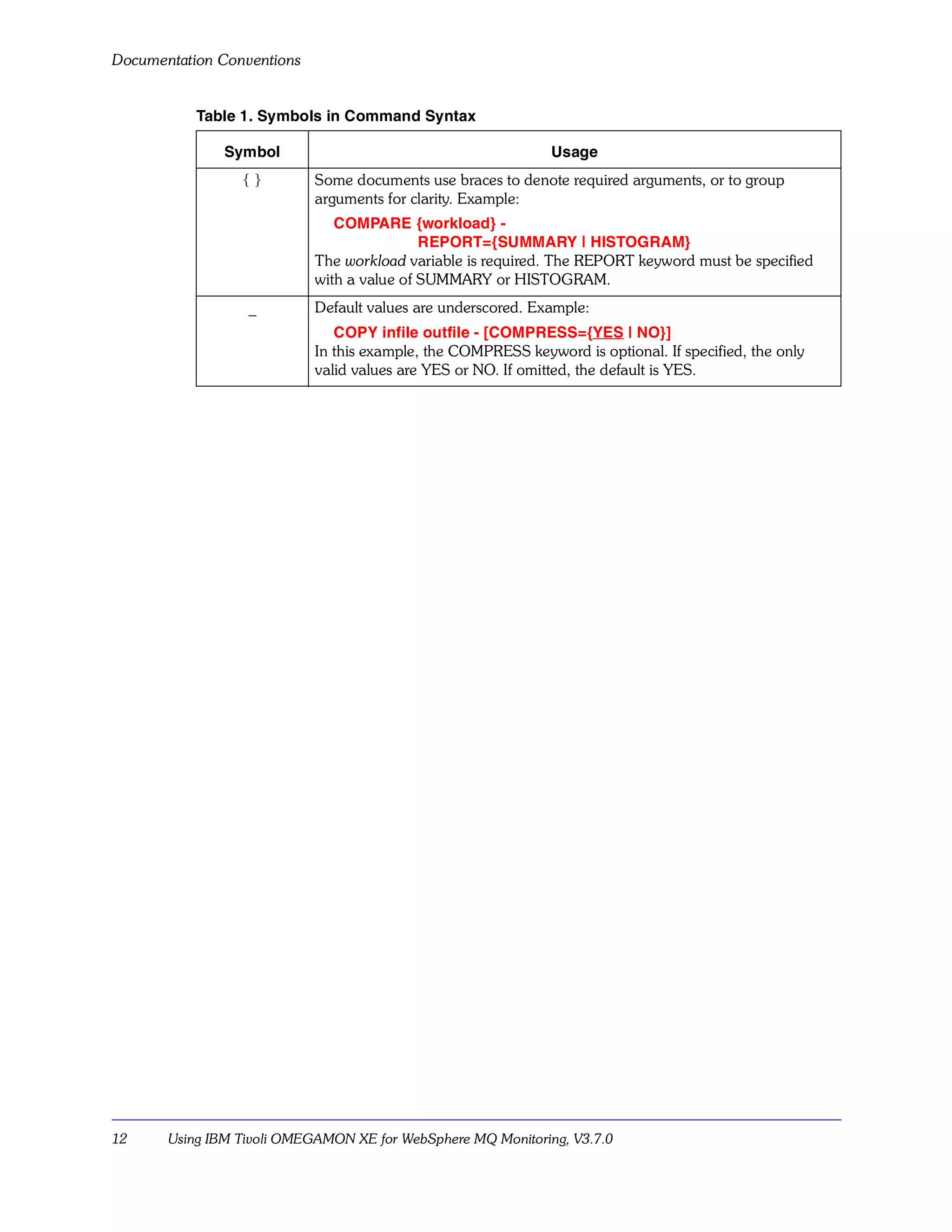Documentation Conventions


           Table 1. Symbols in Command Syntax

               Symbol                                          Usage
                 {}         Some documents use braces to denote required arguments, or to group
                            arguments for clarity. Example:
                               COMPARE {workload} -
                                            REPORT={SUMMARY | HISTOGRAM}
                            The workload variable is required. The REPORT keyword must be specified
                            with a value of SUMMARY or HISTOGRAM.
                  _         Default values are underscored. Example:
                               COPY infile outfile - [COMPRESS={YES | NO}]
                            In this example, the COMPRESS keyword is optional. If specified, the only
                            valid values are YES or NO. If omitted, the default is YES.




12     Using IBM Tivoli OMEGAMON XE for WebSphere MQ Monitoring, V3.7.0
 