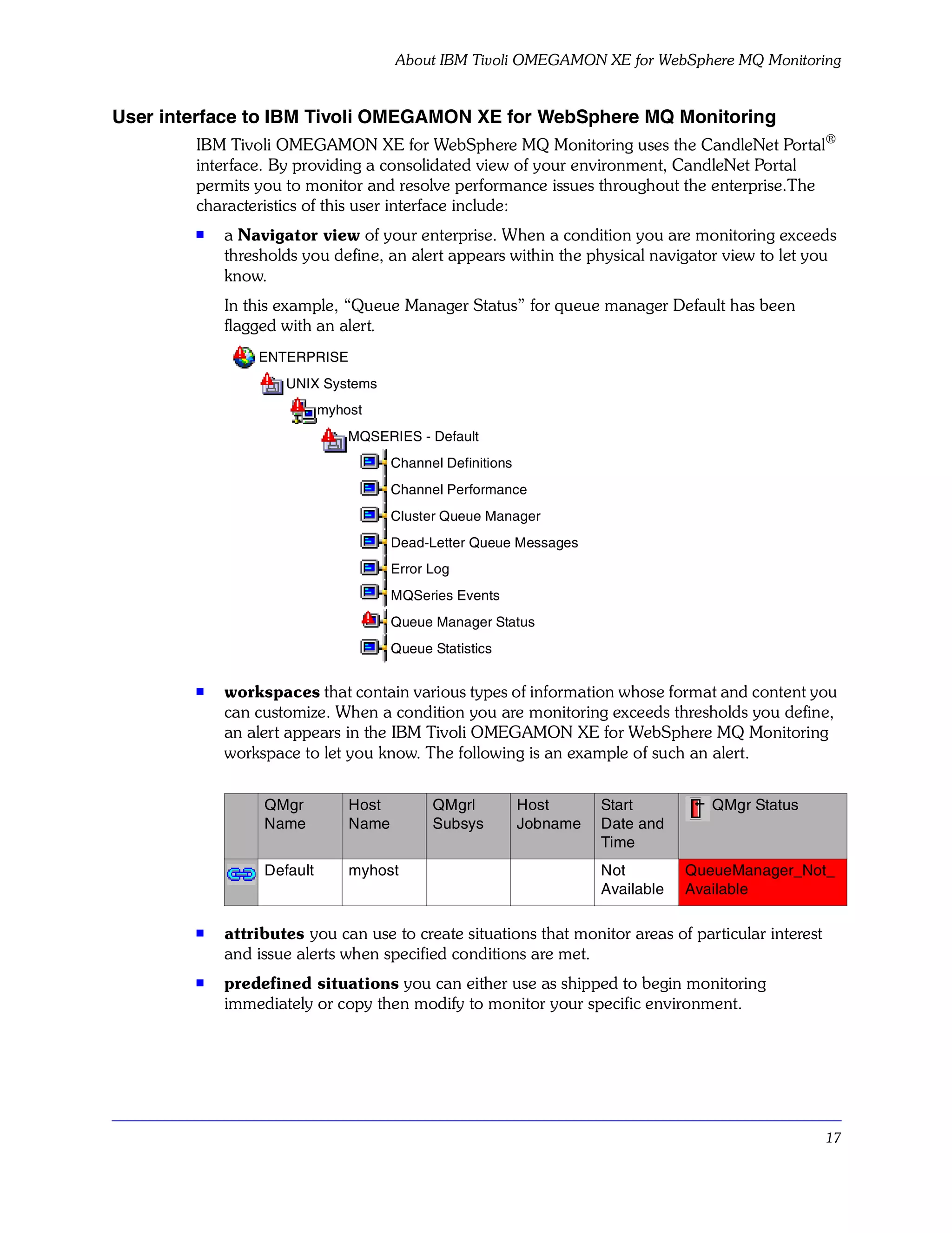 About IBM Tivoli OMEGAMON XE for WebSphere MQ Monitoring


User interface to IBM Tivoli OMEGAMON XE for WebSphere MQ Monitoring
        IBM Tivoli OMEGAMON XE for WebSphere MQ Monitoring uses the CandleNet Portal®
        interface. By providing a consolidated view of your environment, CandleNet Portal
        permits you to monitor and resolve performance issues throughout the enterprise.The
        characteristics of this user interface include:
        s   a Navigator view of your enterprise. When a condition you are monitoring exceeds
            thresholds you define, an alert appears within the physical navigator view to let you
            know.
            In this example, “Queue Manager Status” for queue manager Default has been
            flagged with an alert.
                ENTERPRISE
                    UNIX Systems
                           myhost
                               MQSERIES - Default
                                      Channel Definitions
                                      Channel Performance
                                      Cluster Queue Manager
                                      Dead-Letter Queue Messages
                                      Error Log
                                      MQSeries Events
                                      Queue Manager Status
                                      Queue Statistics

        s   workspaces that contain various types of information whose format and content you
            can customize. When a condition you are monitoring exceeds thresholds you define,
            an alert appears in the IBM Tivoli OMEGAMON XE for WebSphere MQ Monitoring
            workspace to let you know. The following is an example of such an alert.


                 QMgr          Host         QMgrl           Host      Start          QMgr Status
                 Name          Name         Subsys          Jobname   Date and
                                                                      Time
                 Default       myhost                                 Not         QueueManager_Not_
                                                                      Available   Available

        s   attributes you can use to create situations that monitor areas of particular interest
            and issue alerts when specified conditions are met.
        s
            predefined situations you can either use as shipped to begin monitoring
            immediately or copy then modify to monitor your specific environment.




                                                                                                    17
 