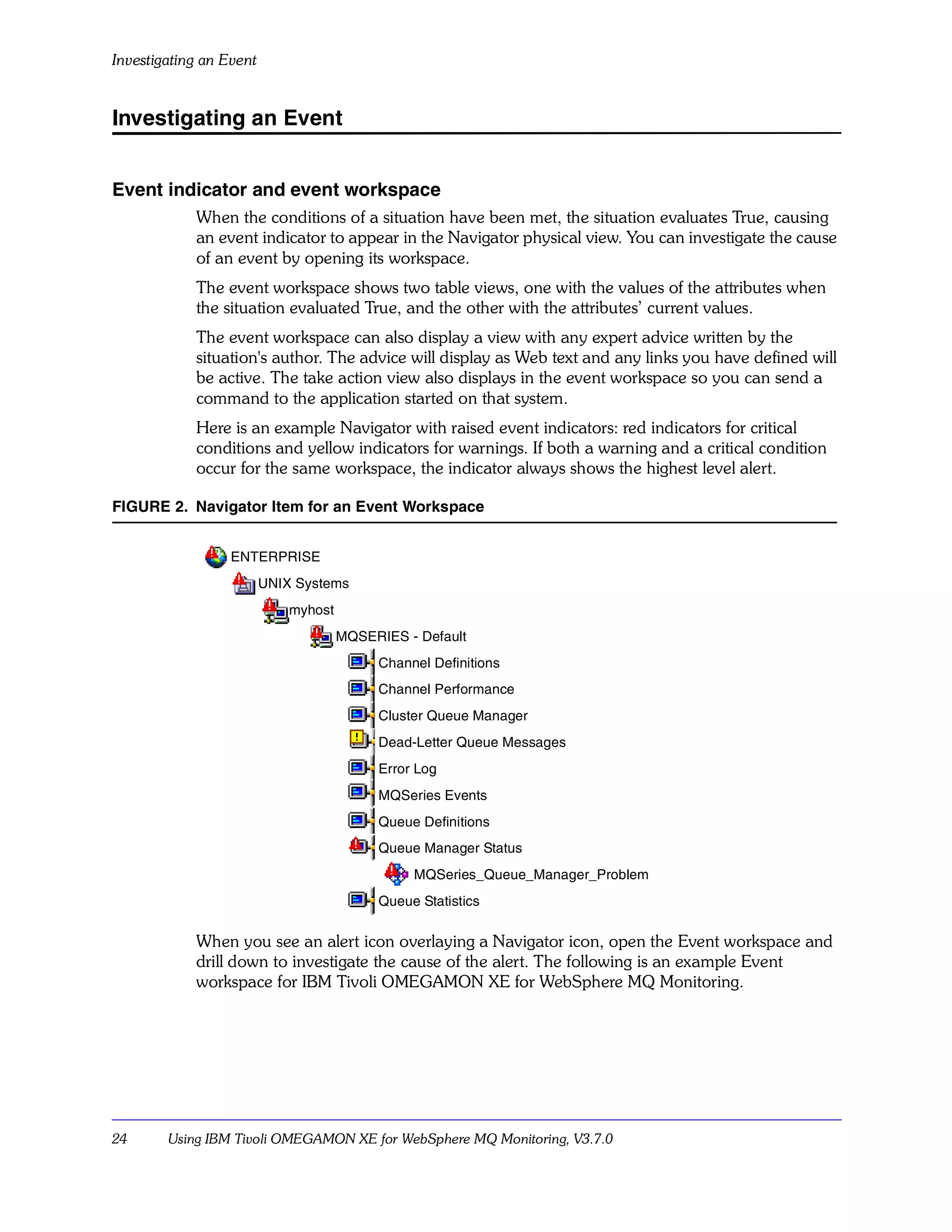 Investigating an Event


Investigating an Event


Event indicator and event workspace
            When the conditions of a situation have been met, the situation evaluates True, causing
            an event indicator to appear in the Navigator physical view. You can investigate the cause
            of an event by opening its workspace.
            The event workspace shows two table views, one with the values of the attributes when
            the situation evaluated True, and the other with the attributes’ current values.
            The event workspace can also display a view with any expert advice written by the
            situation's author. The advice will display as Web text and any links you have defined will
            be active. The take action view also displays in the event workspace so you can send a
            command to the application started on that system.
            Here is an example Navigator with raised event indicators: red indicators for critical
            conditions and yellow indicators for warnings. If both a warning and a critical condition
            occur for the same workspace, the indicator always shows the highest level alert.

FIGURE 2. Navigator Item for an Event Workspace


                  ENTERPRISE
                         UNIX Systems
                             myhost
                                      MQSERIES - Default
                                           Channel Definitions
                                           Channel Performance
                                           Cluster Queue Manager
                                           Dead-Letter Queue Messages
                                           Error Log
                                           MQSeries Events
                                           Queue Definitions
                                           Queue Manager Status
                                                MQSeries_Queue_Manager_Problem
                                           Queue Statistics

            When you see an alert icon overlaying a Navigator icon, open the Event workspace and
            drill down to investigate the cause of the alert. The following is an example Event
            workspace for IBM Tivoli OMEGAMON XE for WebSphere MQ Monitoring.




24      Using IBM Tivoli OMEGAMON XE for WebSphere MQ Monitoring, V3.7.0
 