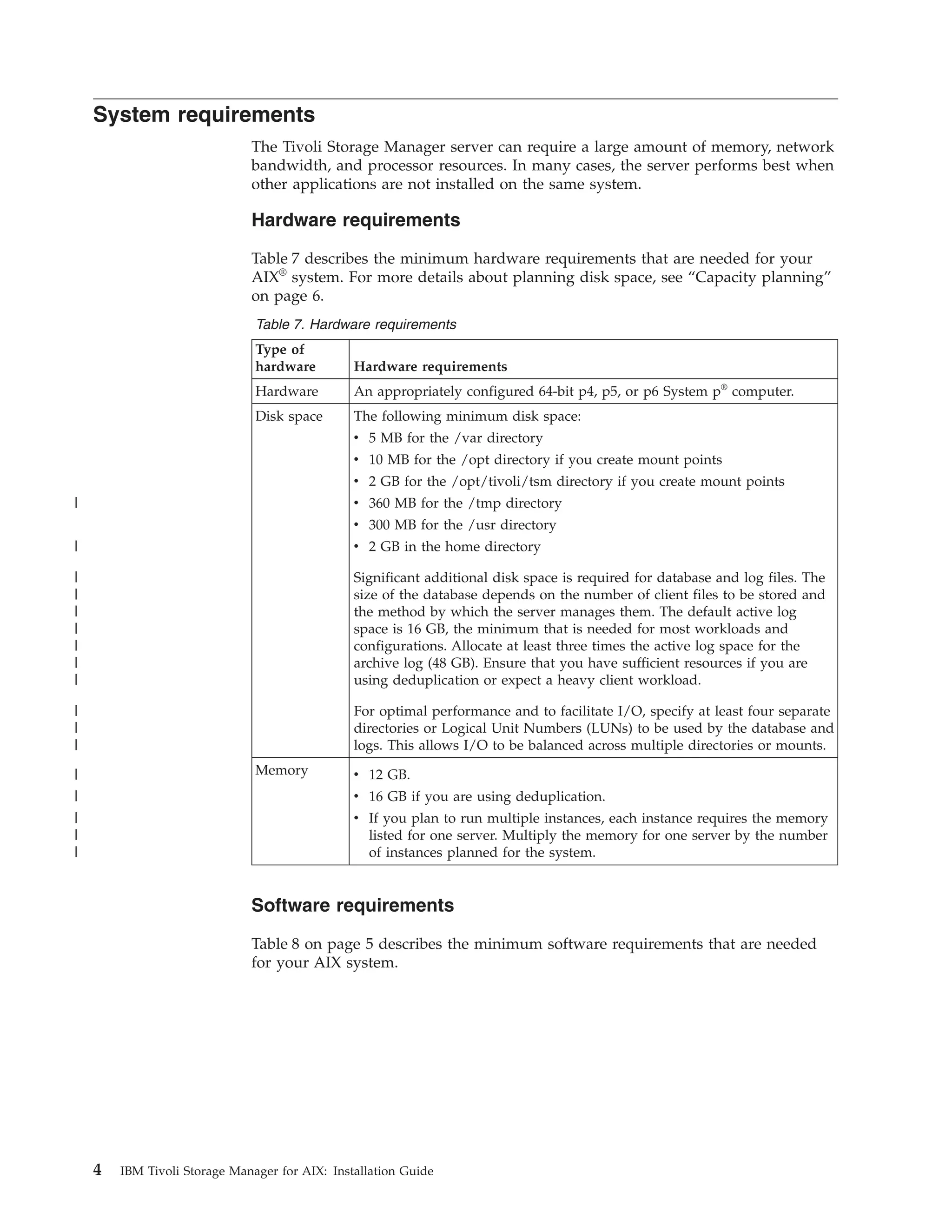 System requirements
                              The Tivoli Storage Manager server can require a large amount of memory, network
                              bandwidth, and processor resources. In many cases, the server performs best when
                              other applications are not installed on the same system.

                              Hardware requirements

                              Table 7 describes the minimum hardware requirements that are needed for your
                              AIX® system. For more details about planning disk space, see “Capacity planning”
                              on page 6.
                               Table 7. Hardware requirements
                               Type of
                               hardware         Hardware requirements
                               Hardware         An appropriately configured 64-bit p4, p5, or p6 System p® computer.
                               Disk space       The following minimum disk space:
                                                v 5 MB for the /var directory
                                                v 10 MB for the /opt directory if you create mount points
                                                v 2 GB for the /opt/tivoli/tsm directory if you create mount points
|                                               v 360 MB for the /tmp directory
                                                v 300 MB for the /usr directory
|                                               v 2 GB in the home directory

|                                               Significant additional disk space is required for database and log files. The
|                                               size of the database depends on the number of client files to be stored and
|                                               the method by which the server manages them. The default active log
|                                               space is 16 GB, the minimum that is needed for most workloads and
|                                               configurations. Allocate at least three times the active log space for the
|                                               archive log (48 GB). Ensure that you have sufficient resources if you are
|                                               using deduplication or expect a heavy client workload.

|                                               For optimal performance and to facilitate I/O, specify at least four separate
|                                               directories or Logical Unit Numbers (LUNs) to be used by the database and
|                                               logs. This allows I/O to be balanced across multiple directories or mounts.

|                              Memory           v 12 GB.
|                                               v 16 GB if you are using deduplication.
|                                               v If you plan to run multiple instances, each instance requires the memory
|                                                 listed for one server. Multiply the memory for one server by the number
|                                                 of instances planned for the system.


                              Software requirements

                              Table 8 on page 5 describes the minimum software requirements that are needed
                              for your AIX system.




    4   IBM Tivoli Storage Manager for AIX: Installation Guide
 