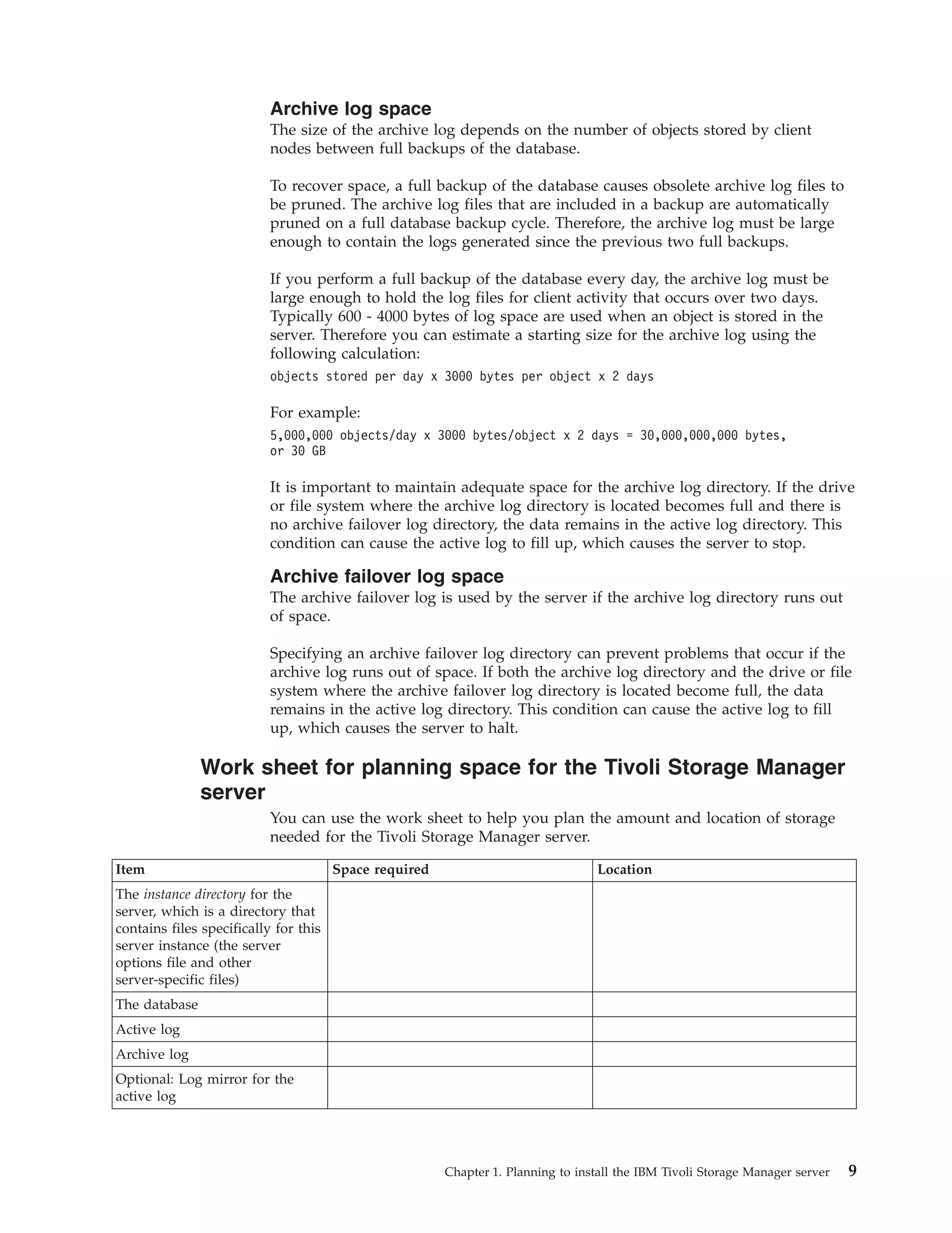 Archive log space
                           The size of the archive log depends on the number of objects stored by client
                           nodes between full backups of the database.

                           To recover space, a full backup of the database causes obsolete archive log files to
                           be pruned. The archive log files that are included in a backup are automatically
                           pruned on a full database backup cycle. Therefore, the archive log must be large
                           enough to contain the logs generated since the previous two full backups.

                           If you perform a full backup of the database every day, the archive log must be
                           large enough to hold the log files for client activity that occurs over two days.
                           Typically 600 - 4000 bytes of log space are used when an object is stored in the
                           server. Therefore you can estimate a starting size for the archive log using the
                           following calculation:
                           objects stored per day x 3000 bytes per object x 2 days

                           For example:
                           5,000,000 objects/day x 3000 bytes/object x 2 days = 30,000,000,000 bytes,
                           or 30 GB

                           It is important to maintain adequate space for the archive log directory. If the drive
                           or file system where the archive log directory is located becomes full and there is
                           no archive failover log directory, the data remains in the active log directory. This
                           condition can cause the active log to fill up, which causes the server to stop.

                           Archive failover log space
                           The archive failover log is used by the server if the archive log directory runs out
                           of space.

                           Specifying an archive failover log directory can prevent problems that occur if the
                           archive log runs out of space. If both the archive log directory and the drive or file
                           system where the archive failover log directory is located become full, the data
                           remains in the active log directory. This condition can cause the active log to fill
                           up, which causes the server to halt.

               Work sheet for planning space for the Tivoli Storage Manager
               server
                           You can use the work sheet to help you plan the amount and location of storage
                           needed for the Tivoli Storage Manager server.

Item                                   Space required                             Location
The instance directory for the
server, which is a directory that
contains files specifically for this
server instance (the server
options file and other
server-specific files)
The database
Active log
Archive log
Optional: Log mirror for the
active log




                                                        Chapter 1. Planning to install the IBM Tivoli Storage Manager server   9
 