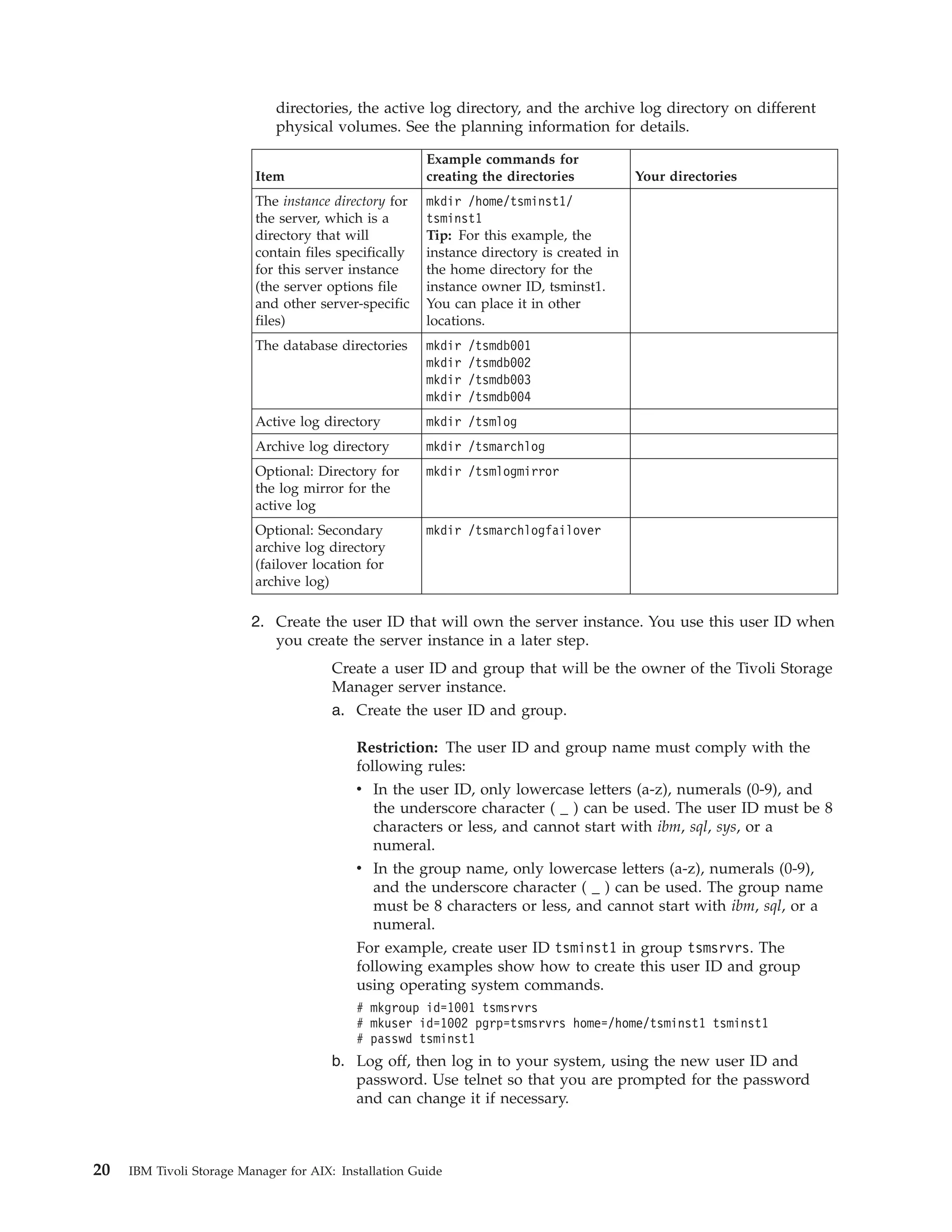 directories, the active log directory, and the archive log directory on different
                              physical volumes. See the planning information for details.

                                                        Example commands for
                          Item                          creating the directories           Your directories
                          The instance directory for    mkdir /home/tsminst1/
                          the server, which is a        tsminst1
                          directory that will           Tip: For this example, the
                          contain files specifically    instance directory is created in
                          for this server instance      the home directory for the
                          (the server options file      instance owner ID, tsminst1.
                          and other server-specific     You can place it in other
                          files)                        locations.
                          The database directories      mkdir   /tsmdb001
                                                        mkdir   /tsmdb002
                                                        mkdir   /tsmdb003
                                                        mkdir   /tsmdb004
                          Active log directory          mkdir /tsmlog
                          Archive log directory         mkdir /tsmarchlog
                          Optional: Directory for       mkdir /tsmlogmirror
                          the log mirror for the
                          active log
                          Optional: Secondary           mkdir /tsmarchlogfailover
                          archive log directory
                          (failover location for
                          archive log)

                          2. Create the user ID that will own the server instance. You use this user ID when
                             you create the server instance in a later step.
                                        Create a user ID and group that will be the owner of the Tivoli Storage
                                        Manager server instance.
                                        a. Create the user ID and group.

                                            Restriction: The user ID and group name must comply with the
                                            following rules:
                                            v In the user ID, only lowercase letters (a-z), numerals (0-9), and
                                              the underscore character ( _ ) can be used. The user ID must be 8
                                              characters or less, and cannot start with ibm, sql, sys, or a
                                              numeral.
                                            v In the group name, only lowercase letters (a-z), numerals (0-9),
                                              and the underscore character ( _ ) can be used. The group name
                                              must be 8 characters or less, and cannot start with ibm, sql, or a
                                              numeral.
                                            For example, create user ID tsminst1 in group tsmsrvrs. The
                                            following examples show how to create this user ID and group
                                            using operating system commands.
                                            # mkgroup id=1001 tsmsrvrs
                                            # mkuser id=1002 pgrp=tsmsrvrs home=/home/tsminst1 tsminst1
                                            # passwd tsminst1
                                        b. Log off, then log in to your system, using the new user ID and
                                           password. Use telnet so that you are prompted for the password
                                           and can change it if necessary.



20   IBM Tivoli Storage Manager for AIX: Installation Guide
 