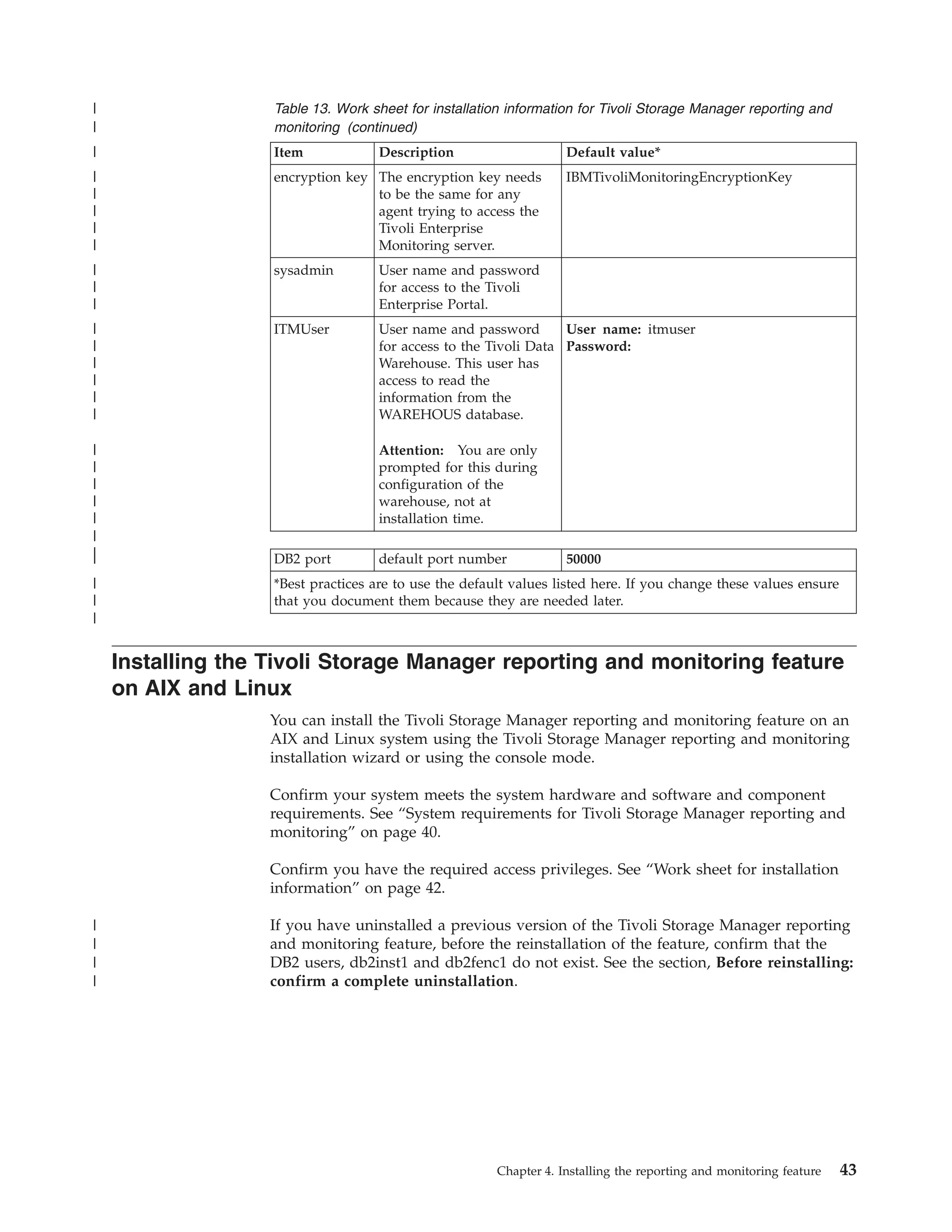 |                  Table 13. Work sheet for installation information for Tivoli Storage Manager reporting and
|                  monitoring (continued)
|                  Item             Description                    Default value*
|                  encryption key The encryption key needs         IBMTivoliMonitoringEncryptionKey
|                                 to be the same for any
|                                 agent trying to access the
|                                 Tivoli Enterprise
|                                 Monitoring server.
|                  sysadmin         User name and password
|                                   for access to the Tivoli
|                                   Enterprise Portal.
|                  ITMUser          User name and password        User name: itmuser
|                                   for access to the Tivoli Data Password:
|                                   Warehouse. This user has
|                                   access to read the
|                                   information from the
|                                   WAREHOUS database.

|                                   Attention: You are only
|                                   prompted for this during
|                                   configuration of the
|                                   warehouse, not at
|                                   installation time.
|
|
|                  DB2 port         default port number            50000
|                  *Best practices are to use the default values listed here. If you change these values ensure
|                  that you document them because they are needed later.
|

    Installing the Tivoli Storage Manager reporting and monitoring feature
    on AIX and Linux
                   You can install the Tivoli Storage Manager reporting and monitoring feature on an
                   AIX and Linux system using the Tivoli Storage Manager reporting and monitoring
                   installation wizard or using the console mode.

                   Confirm your system meets the system hardware and software and component
                   requirements. See “System requirements for Tivoli Storage Manager reporting and
                   monitoring” on page 40.

                   Confirm you have the required access privileges. See “Work sheet for installation
                   information” on page 42.

|                  If you have uninstalled a previous version of the Tivoli Storage Manager reporting
|                  and monitoring feature, before the reinstallation of the feature, confirm that the
|                  DB2 users, db2inst1 and db2fenc1 do not exist. See the section, Before reinstalling:
|                  confirm a complete uninstallation.




                                                       Chapter 4. Installing the reporting and monitoring feature   43
 