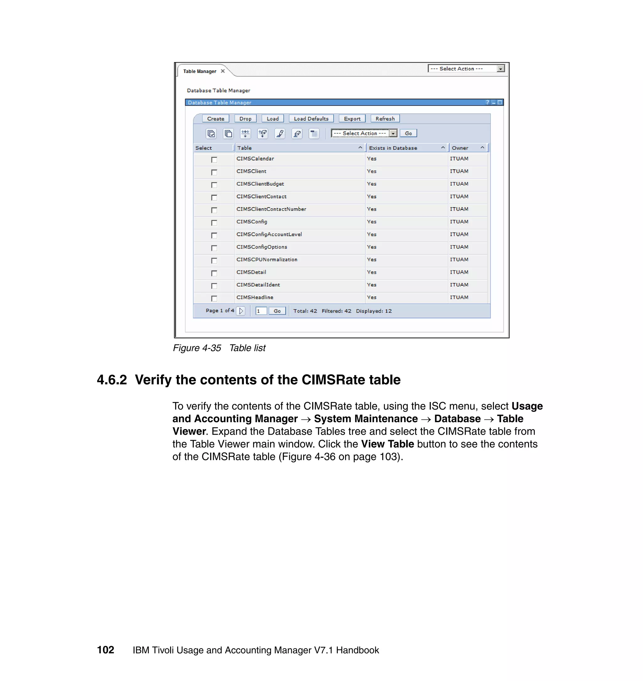 Figure 4-35 Table list


4.6.2 Verify the contents of the CIMSRate table
              To verify the contents of the CIMSRate table, using the ISC menu, select Usage
              and Accounting Manager → System Maintenance → Database → Table
              Viewer. Expand the Database Tables tree and select the CIMSRate table from
              the Table Viewer main window. Click the View Table button to see the contents
              of the CIMSRate table (Figure 4-36 on page 103).




102   IBM Tivoli Usage and Accounting Manager V7.1 Handbook
 