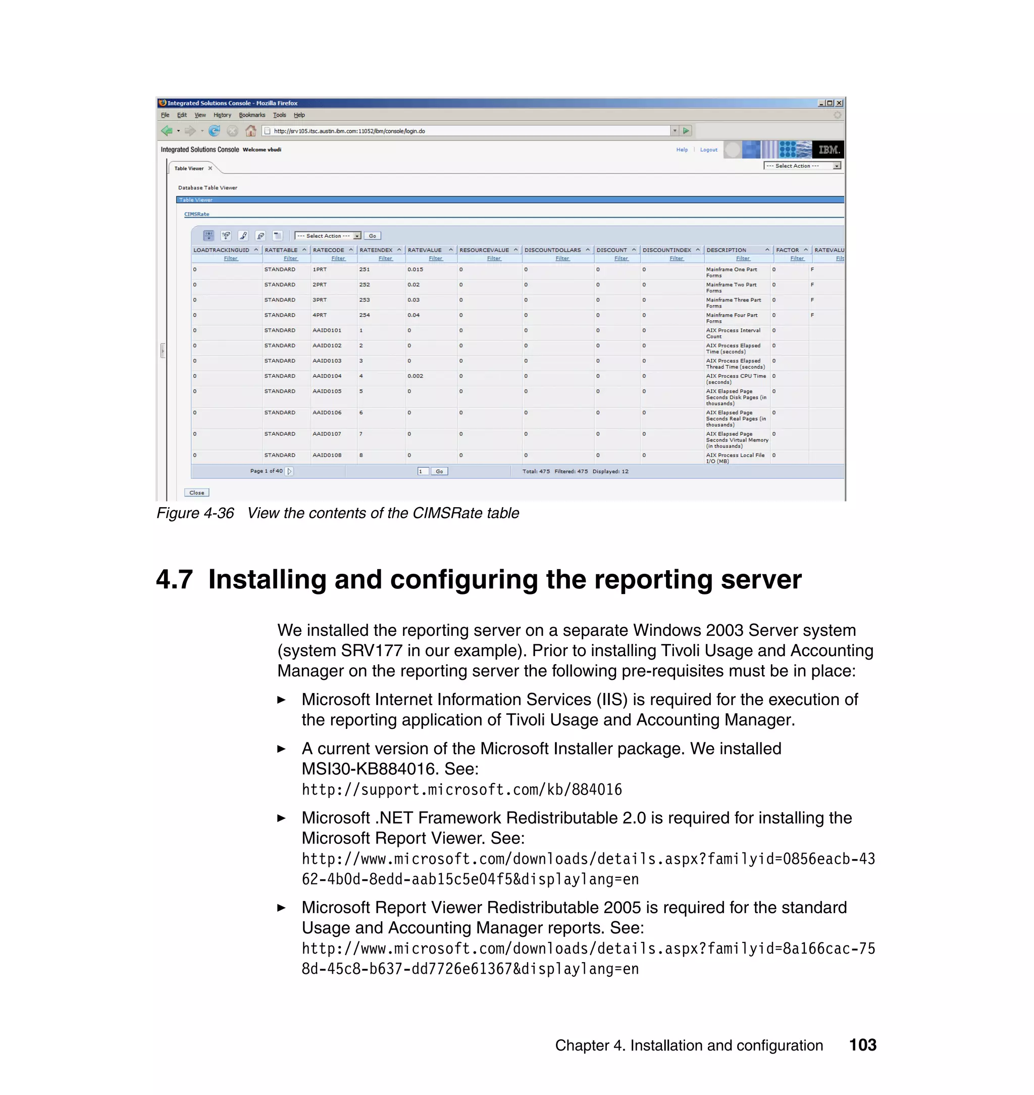 Figure 4-36 View the contents of the CIMSRate table



4.7 Installing and configuring the reporting server
                 We installed the reporting server on a separate Windows 2003 Server system
                 (system SRV177 in our example). Prior to installing Tivoli Usage and Accounting
                 Manager on the reporting server the following pre-requisites must be in place:
                    Microsoft Internet Information Services (IIS) is required for the execution of
                    the reporting application of Tivoli Usage and Accounting Manager.
                    A current version of the Microsoft Installer package. We installed
                    MSI30-KB884016. See:
                    http://support.microsoft.com/kb/884016
                    Microsoft .NET Framework Redistributable 2.0 is required for installing the
                    Microsoft Report Viewer. See:
                    http://www.microsoft.com/downloads/details.aspx?familyid=0856eacb-43
                    62-4b0d-8edd-aab15c5e04f5&displaylang=en
                    Microsoft Report Viewer Redistributable 2005 is required for the standard
                    Usage and Accounting Manager reports. See:
                    http://www.microsoft.com/downloads/details.aspx?familyid=8a166cac-75
                    8d-45c8-b637-dd7726e61367&displaylang=en



                                                       Chapter 4. Installation and configuration   103
 