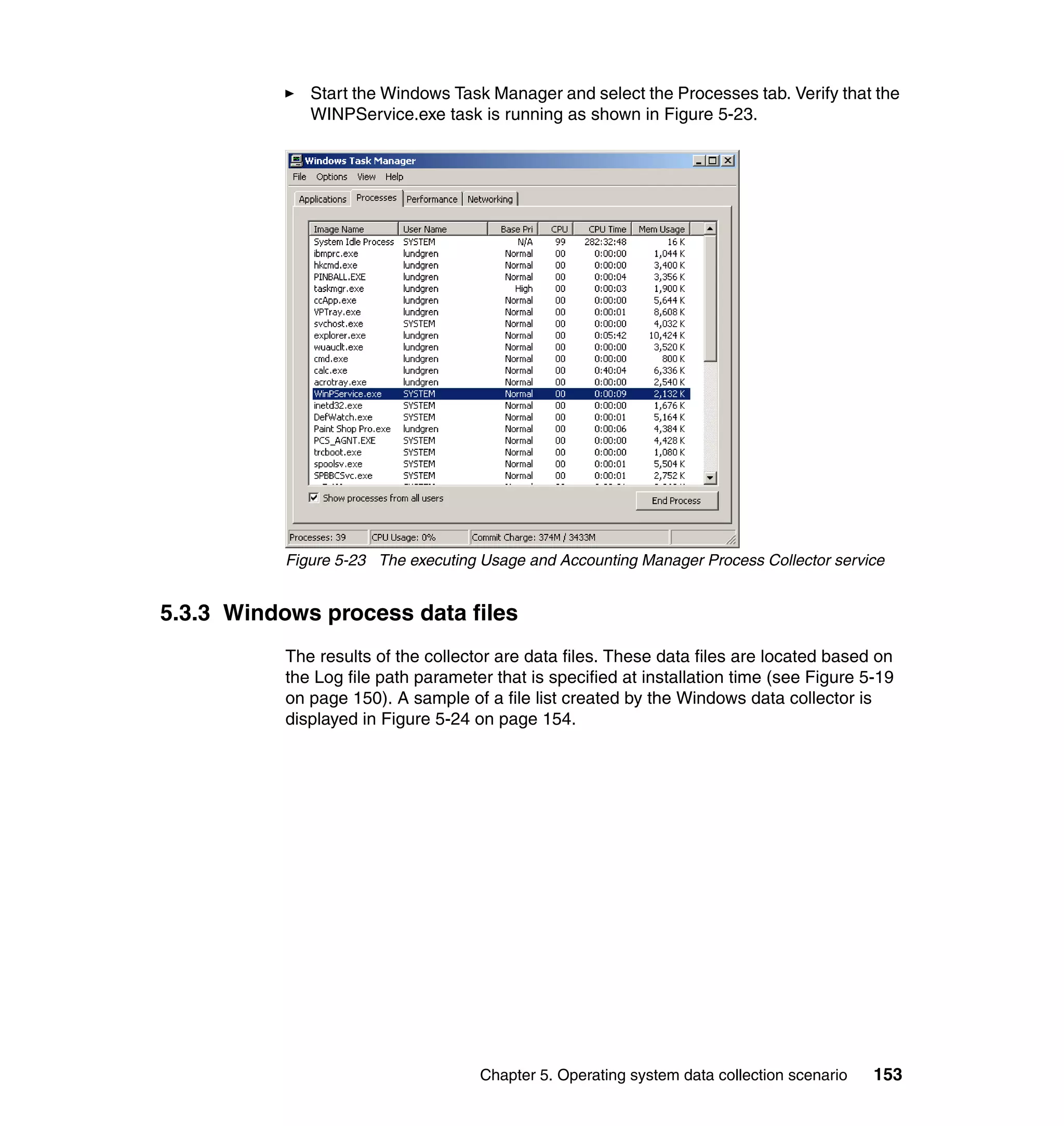 Start the Windows Task Manager and select the Processes tab. Verify that the
              WINPService.exe task is running as shown in Figure 5-23.




           Figure 5-23 The executing Usage and Accounting Manager Process Collector service


5.3.3 Windows process data files
           The results of the collector are data files. These data files are located based on
           the Log file path parameter that is specified at installation time (see Figure 5-19
           on page 150). A sample of a file list created by the Windows data collector is
           displayed in Figure 5-24 on page 154.




                                     Chapter 5. Operating system data collection scenario   153
 
