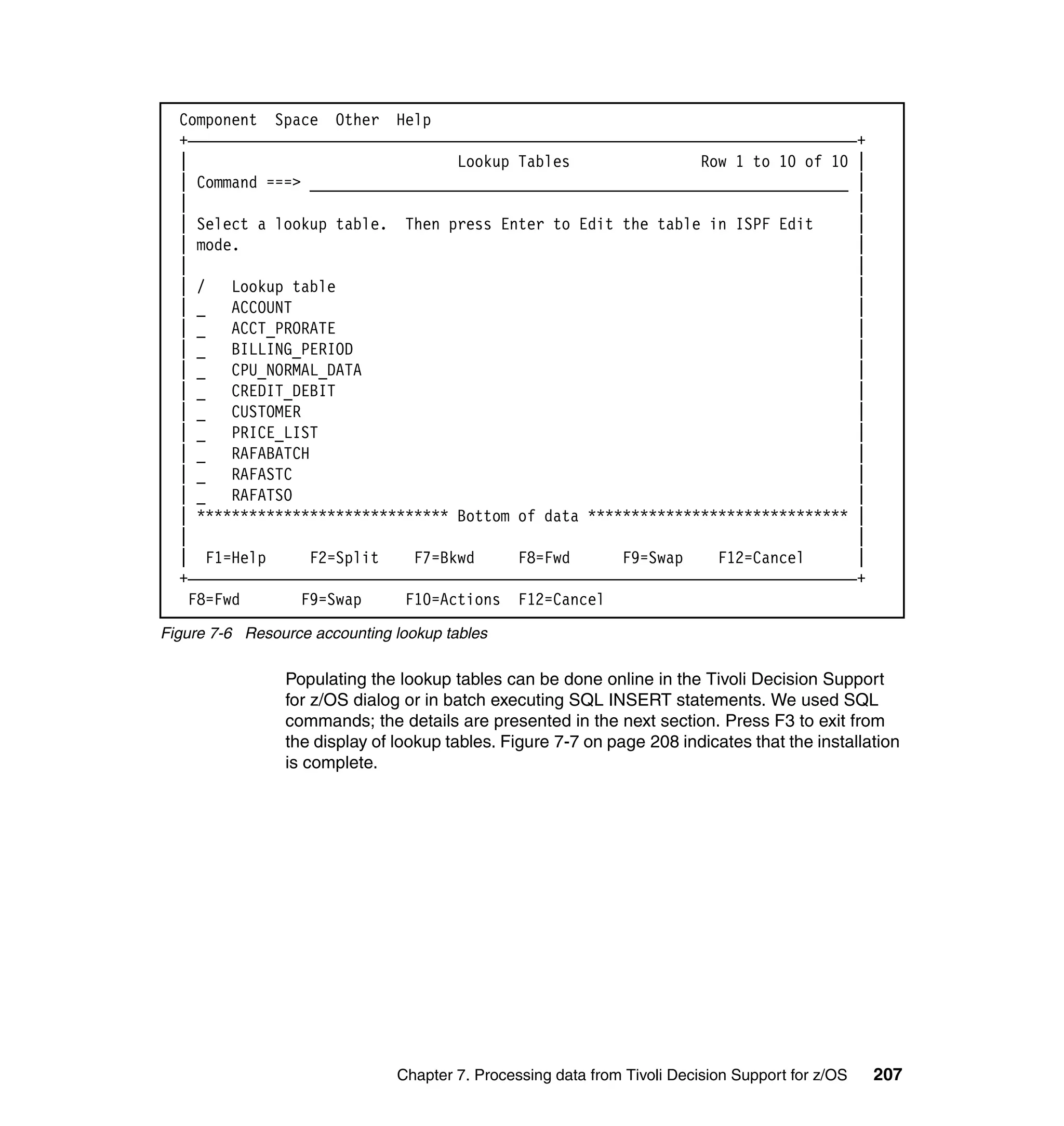 Component Space Other Help
  +—————————————————————————————————————————————————————————————————————————————+
  |                               Lookup Tables               Row 1 to 10 of 10 |
  | Command ===> ______________________________________________________________ |
  |                                                                             |
  | Select a lookup table. Then press Enter to Edit the table in ISPF Edit      |
  | mode.                                                                       |
  |                                                                             |
  | /    Lookup table                                                           |
  | _    ACCOUNT                                                                |
  | _    ACCT_PRORATE                                                           |
  | _    BILLING_PERIOD                                                         |
  | _    CPU_NORMAL_DATA                                                        |
  | _    CREDIT_DEBIT                                                           |
  | _    CUSTOMER                                                               |
  | _    PRICE_LIST                                                             |
  | _    RAFABATCH                                                              |
  | _    RAFASTC                                                                |
  | _    RAFATSO                                                                |
  | ***************************** Bottom of data ****************************** |
  |                                                                             |
  | F1=Help        F2=Split  F7=Bkwd     F8=Fwd      F9=Swap    F12=Cancel      |
  +—————————————————————————————————————————————————————————————————————————————+
    F8=Fwd        F9=Swap   F10=Actions F12=Cancel
Figure 7-6 Resource accounting lookup tables

                Populating the lookup tables can be done online in the Tivoli Decision Support
                for z/OS dialog or in batch executing SQL INSERT statements. We used SQL
                commands; the details are presented in the next section. Press F3 to exit from
                the display of lookup tables. Figure 7-7 on page 208 indicates that the installation
                is complete.




                               Chapter 7. Processing data from Tivoli Decision Support for z/OS   207
 